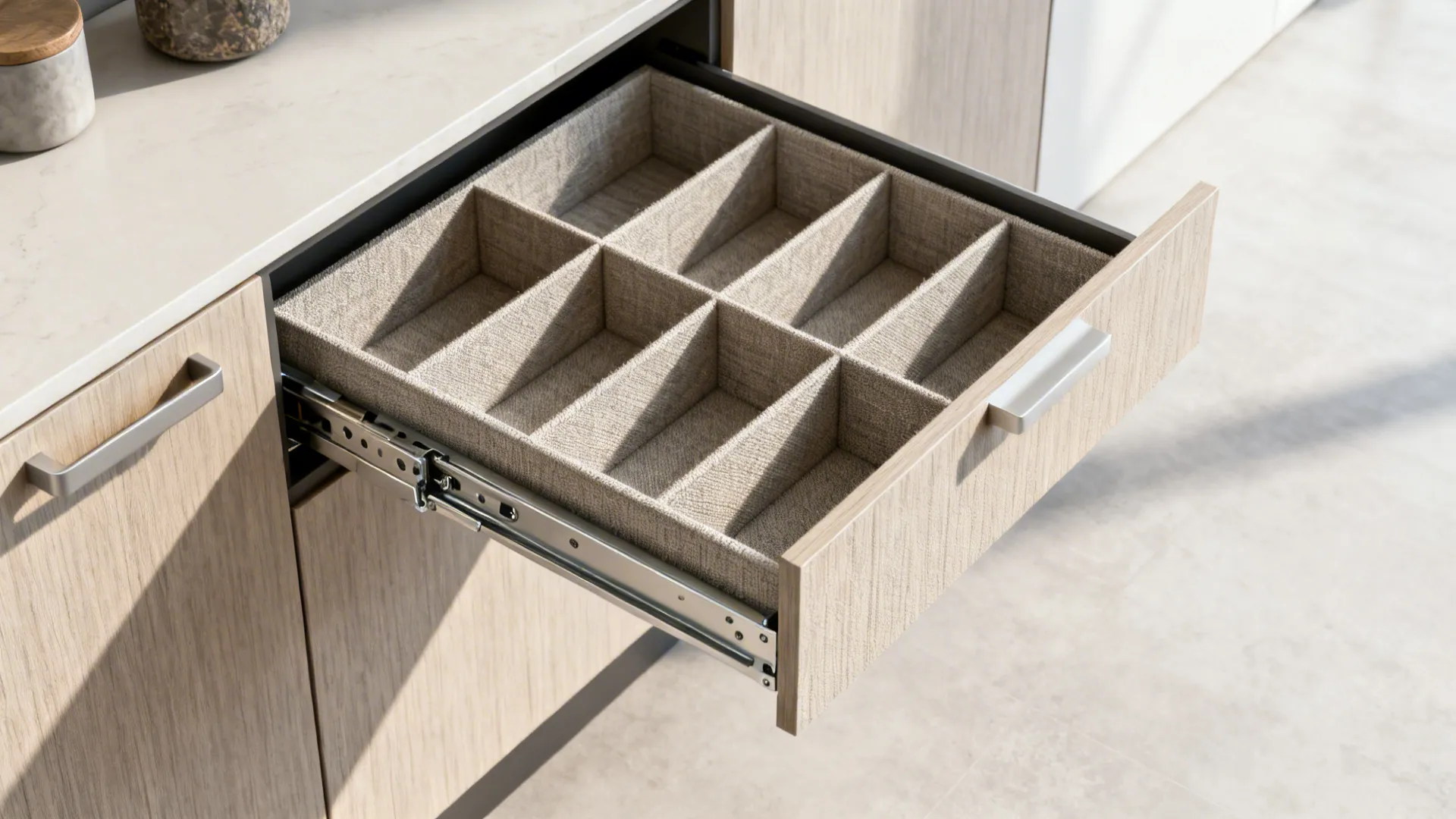 Top-down view of full-extension slides and organized fiber drawer with textured front.
