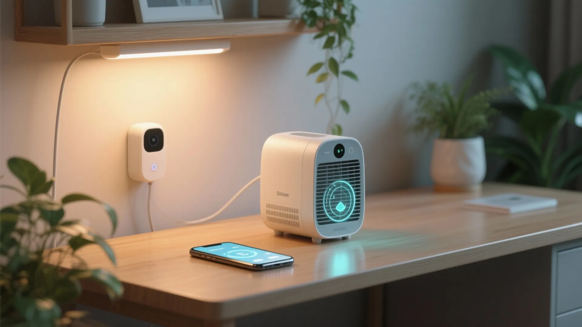 Portable white smart heater on wooden desk with smartphone green plants and warm shelf lighting