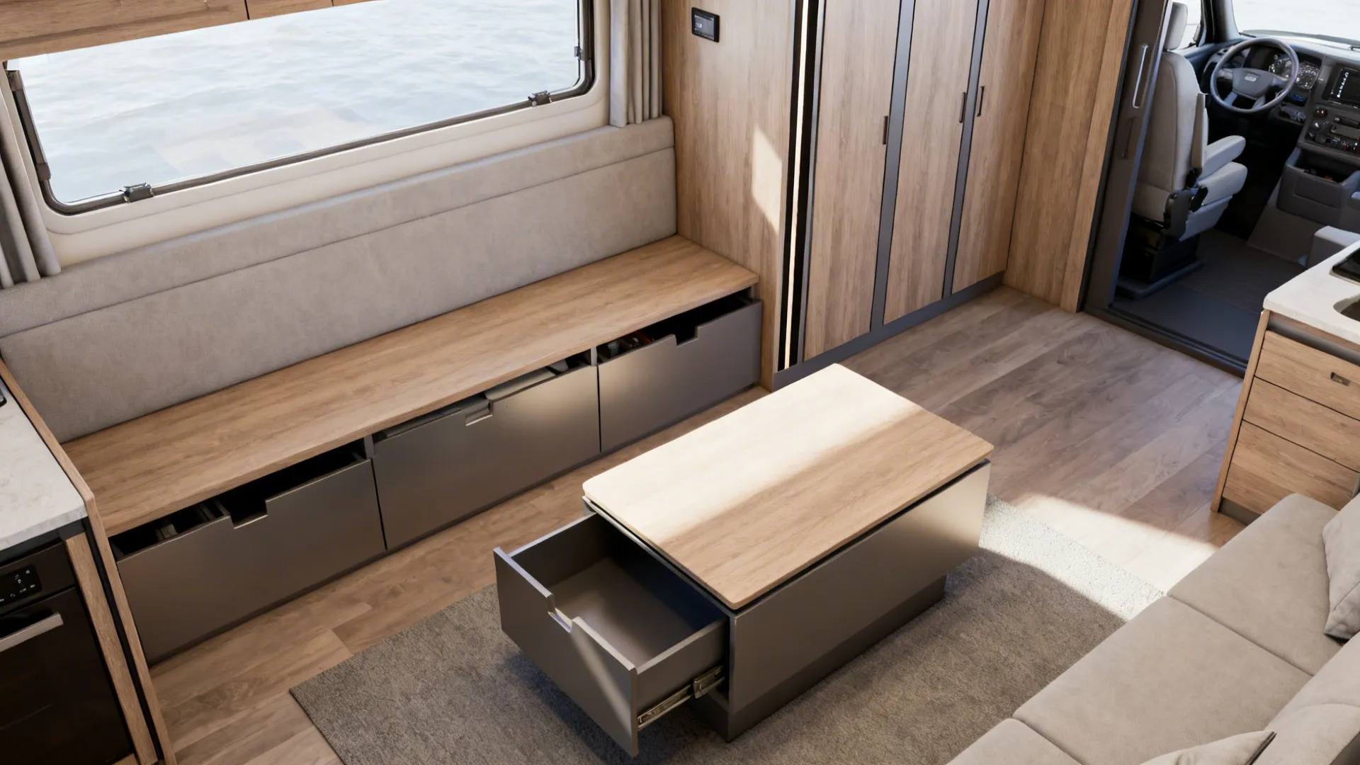 Built-in bench with hidden compartments and multifunctional coffee table in a tidy living room.