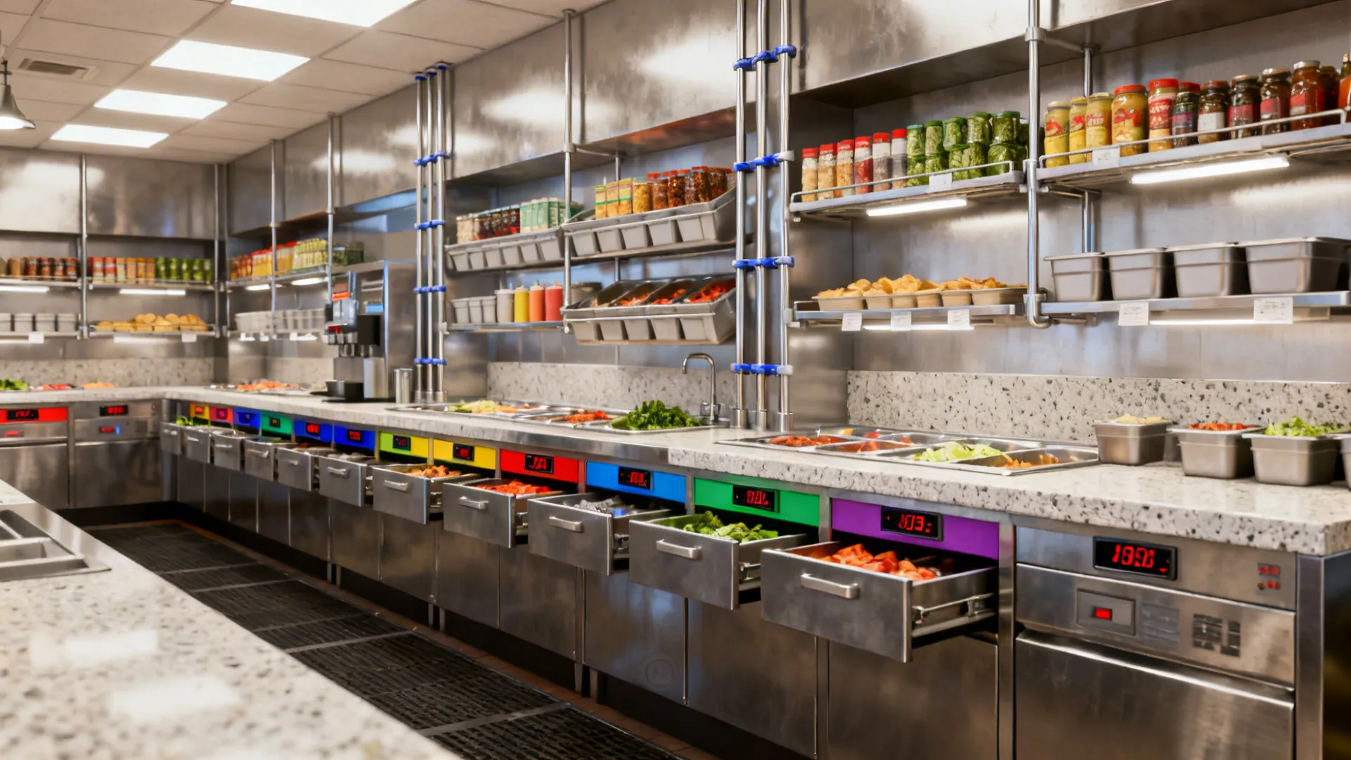 Kitchen line with humidity holding drawers, synced timers, and vertical wall storage clearing counters.
