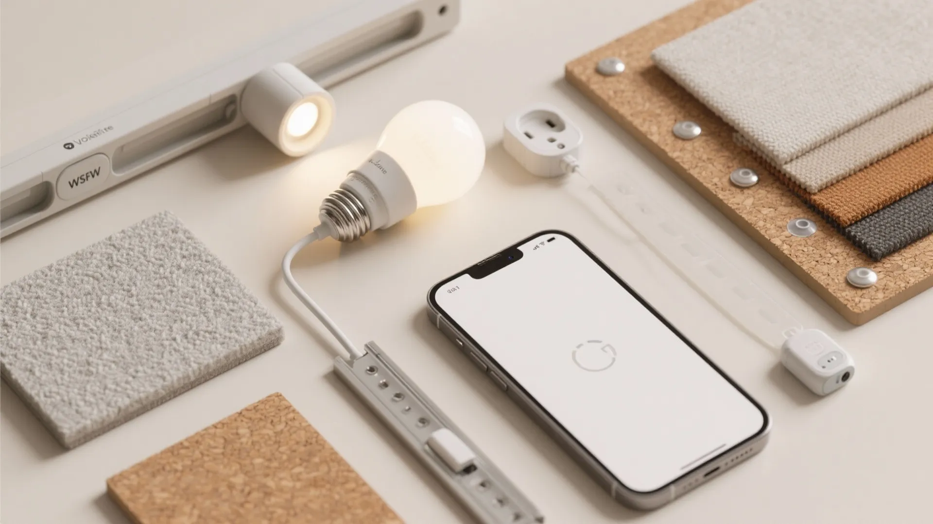 Smart home device flatlay with light bulb smartphone track light and various interior material samples