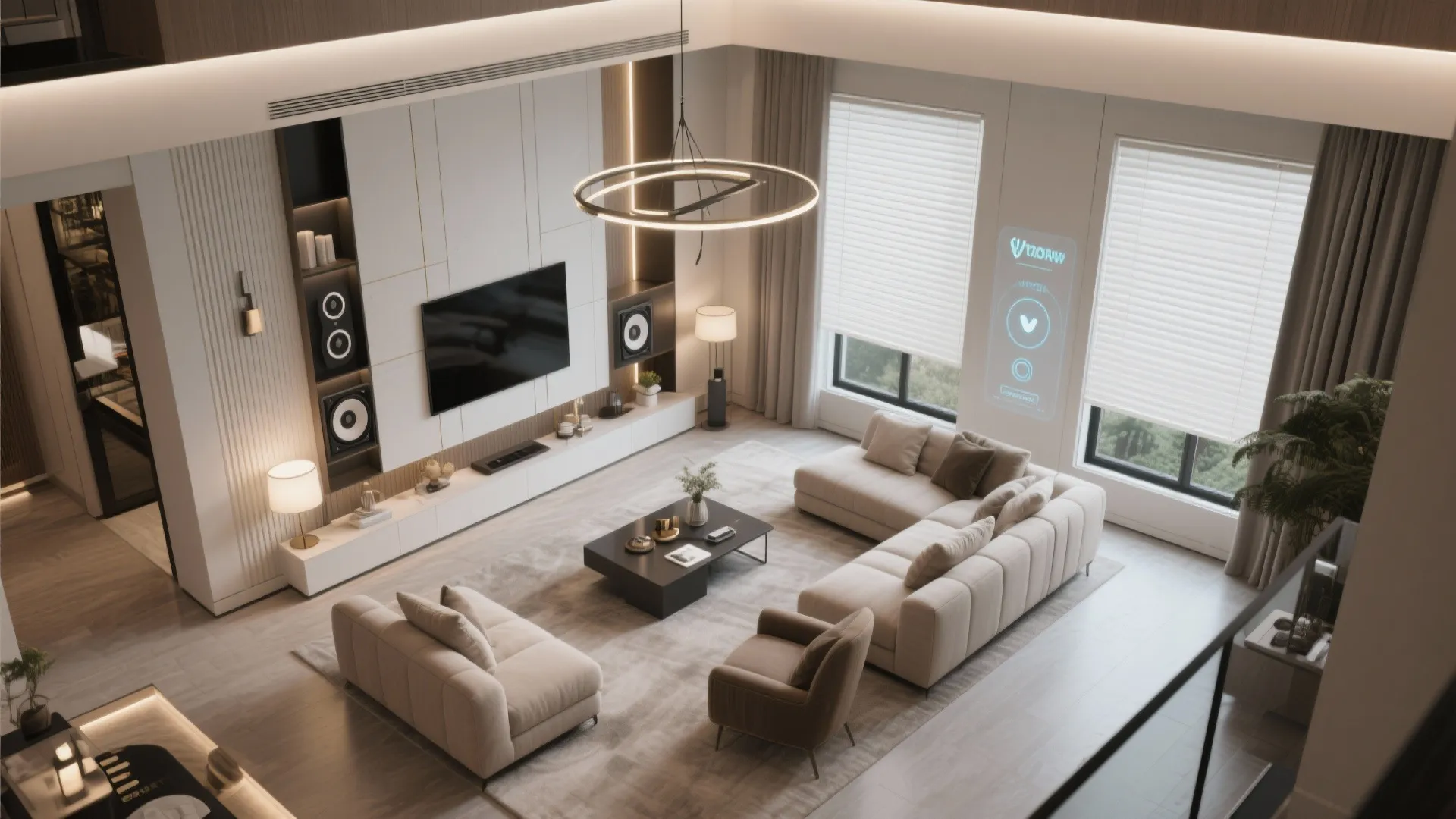 Top-down view of luxury living room with smart home integration