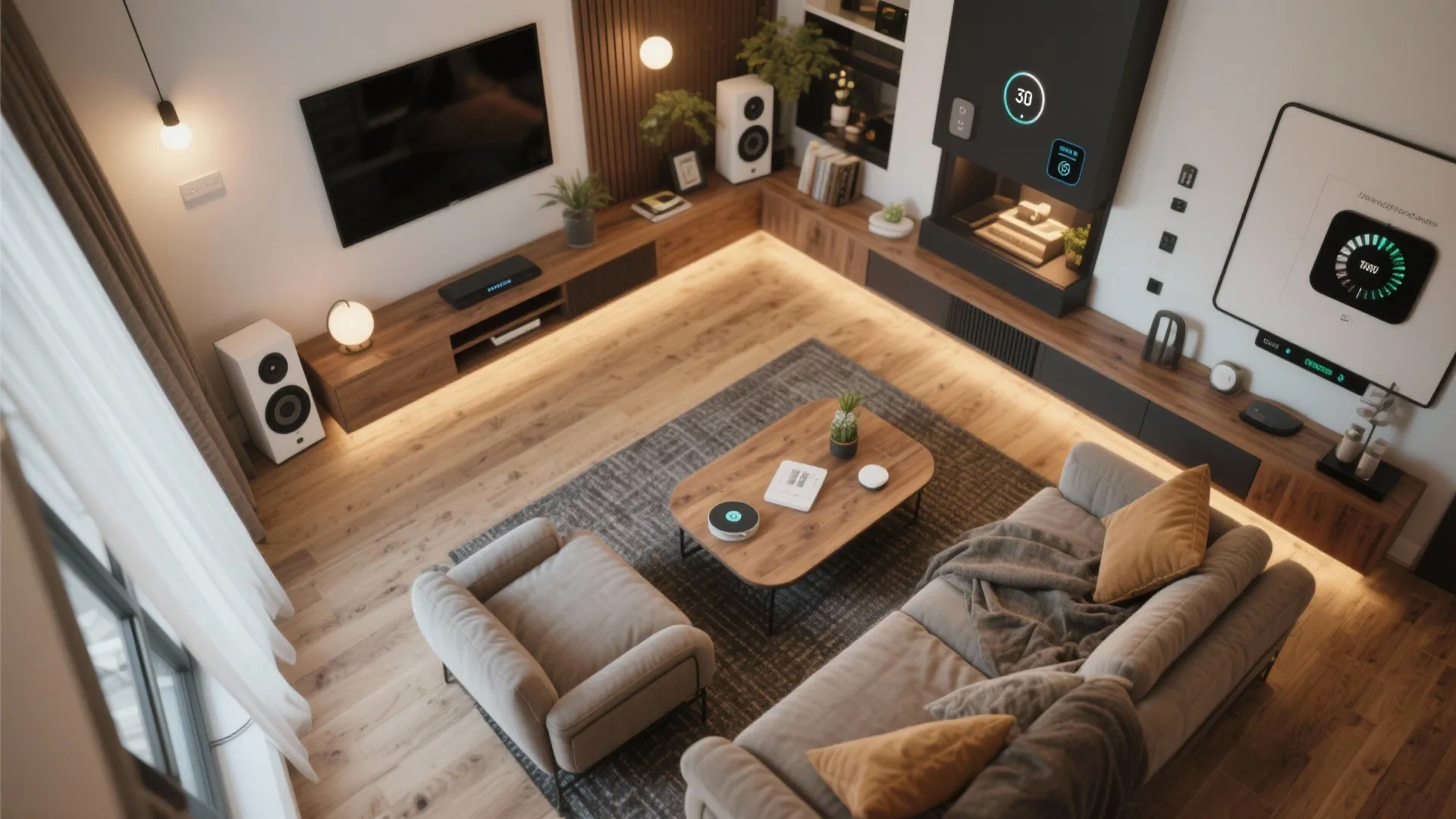 Smart living room layout with wooden cabinets television speakers and coffee table in modern style