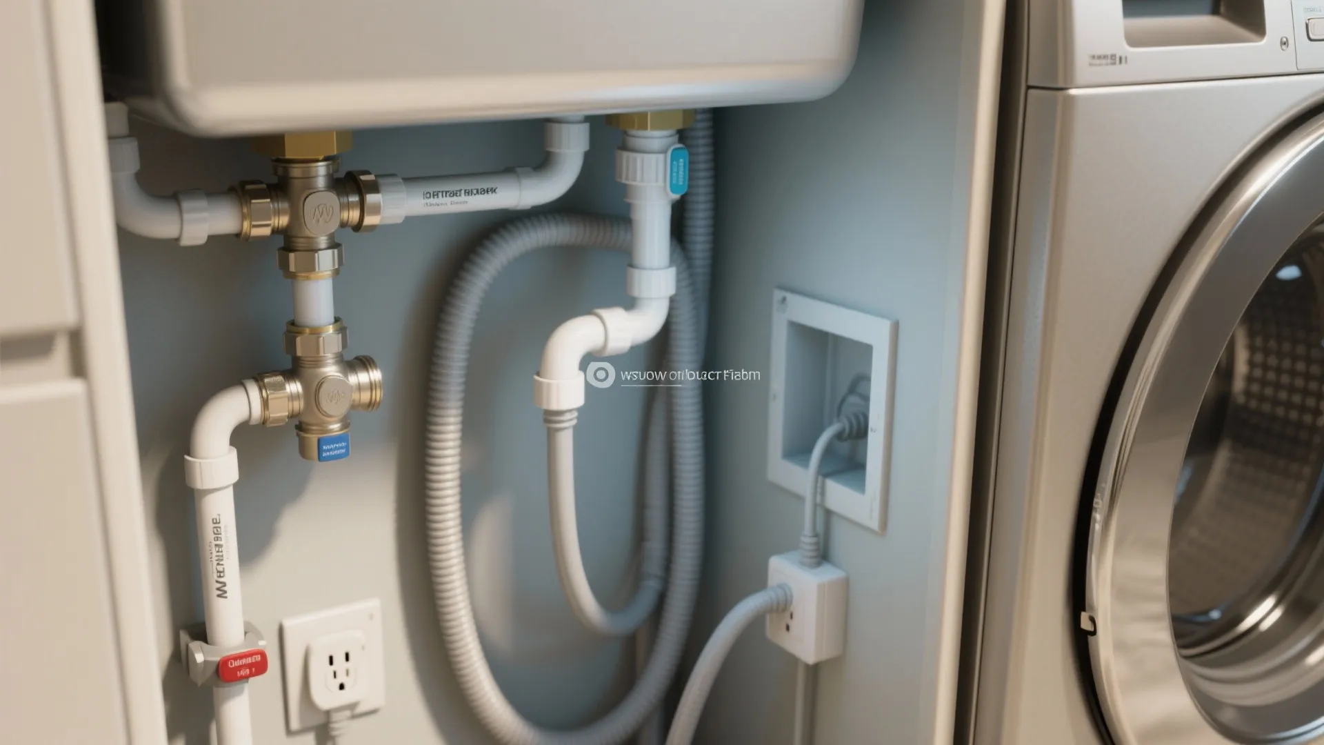 Close up of water pipes and electric outlets behind a washing machine for laundry room