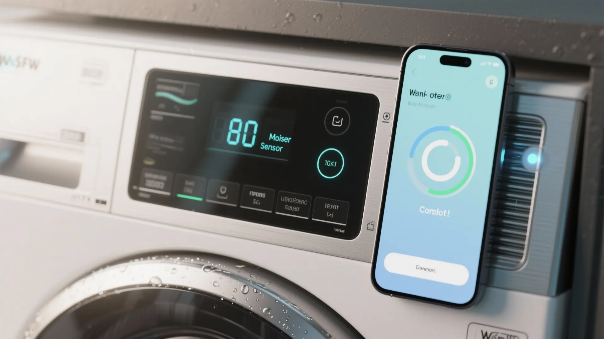 Macro close-up of a smart washer display and smartphone notification showing moisture sensor and cycle alert.
