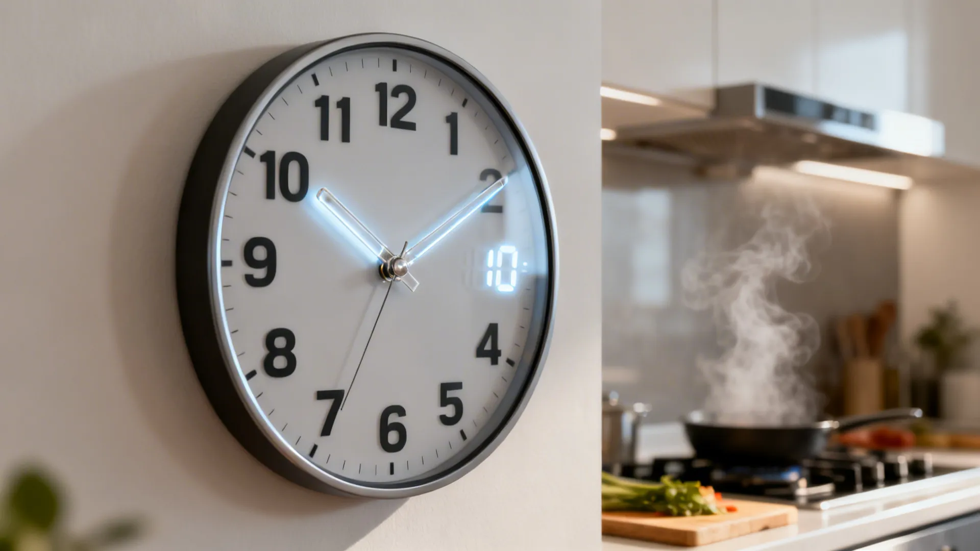 Close-up of a hybrid kitchen wall clock with large digits and integrated timer in soft daylight.