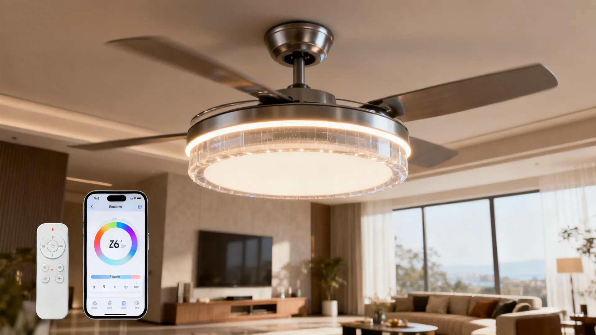 Close-up of a ceiling fan with integrated LED lighting and smart controls, showing app interface controls.