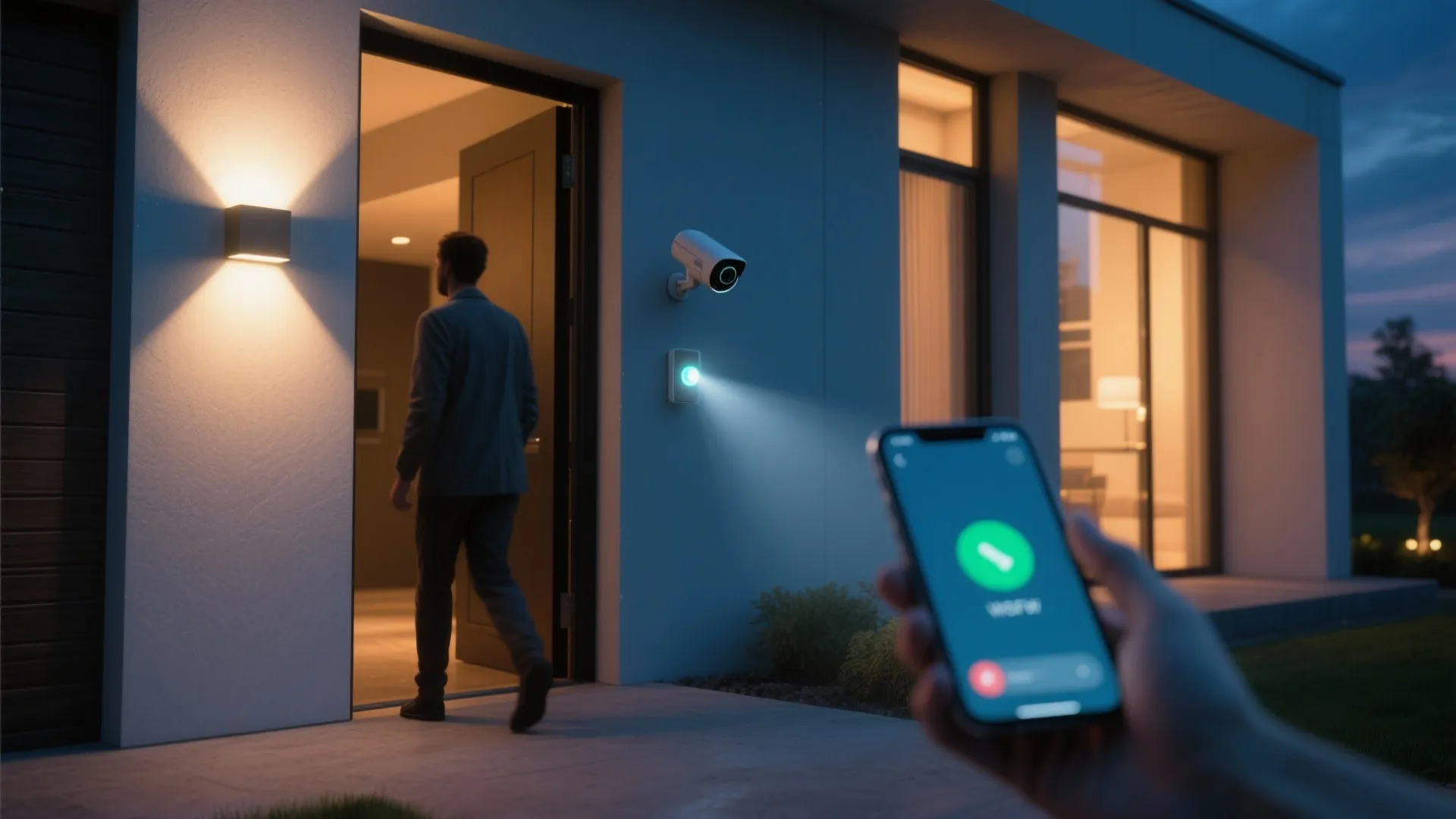 Man enters home while using mobile phone app to control security camera and wall light