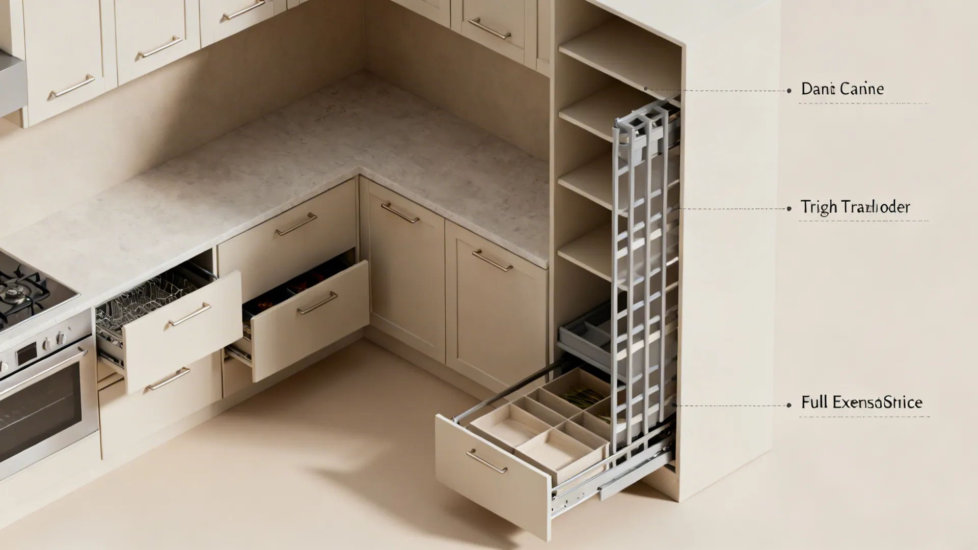 Top-down view of compact kitchen storage zones with pull-outs and dividers.