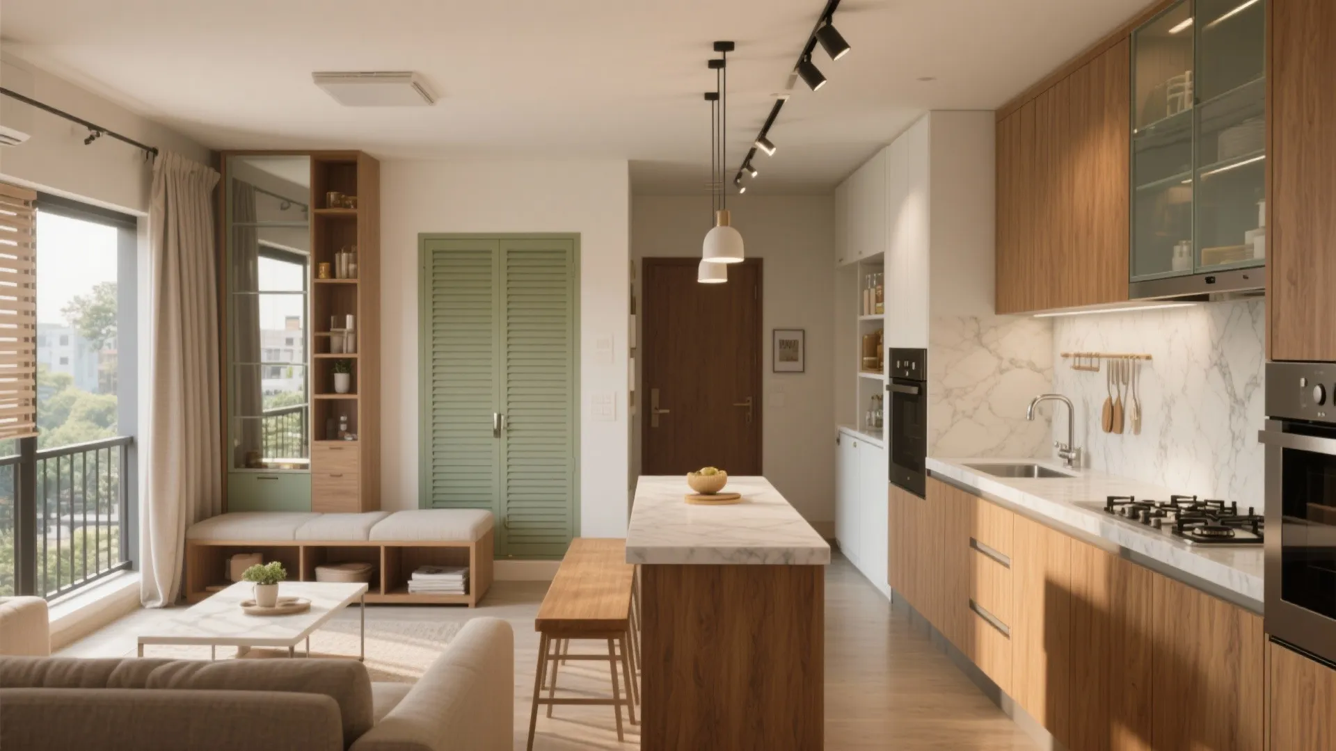 Modern open kitchen with wood cabinets marble island green door ceiling light and white walls