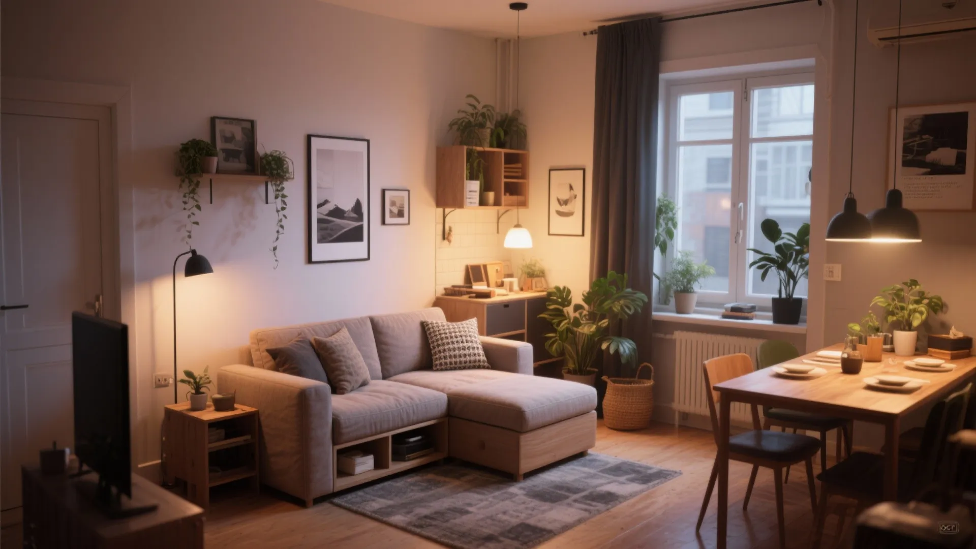 Warm cozy living room with grey sofa wooden dining table indoor plants and soft lighting