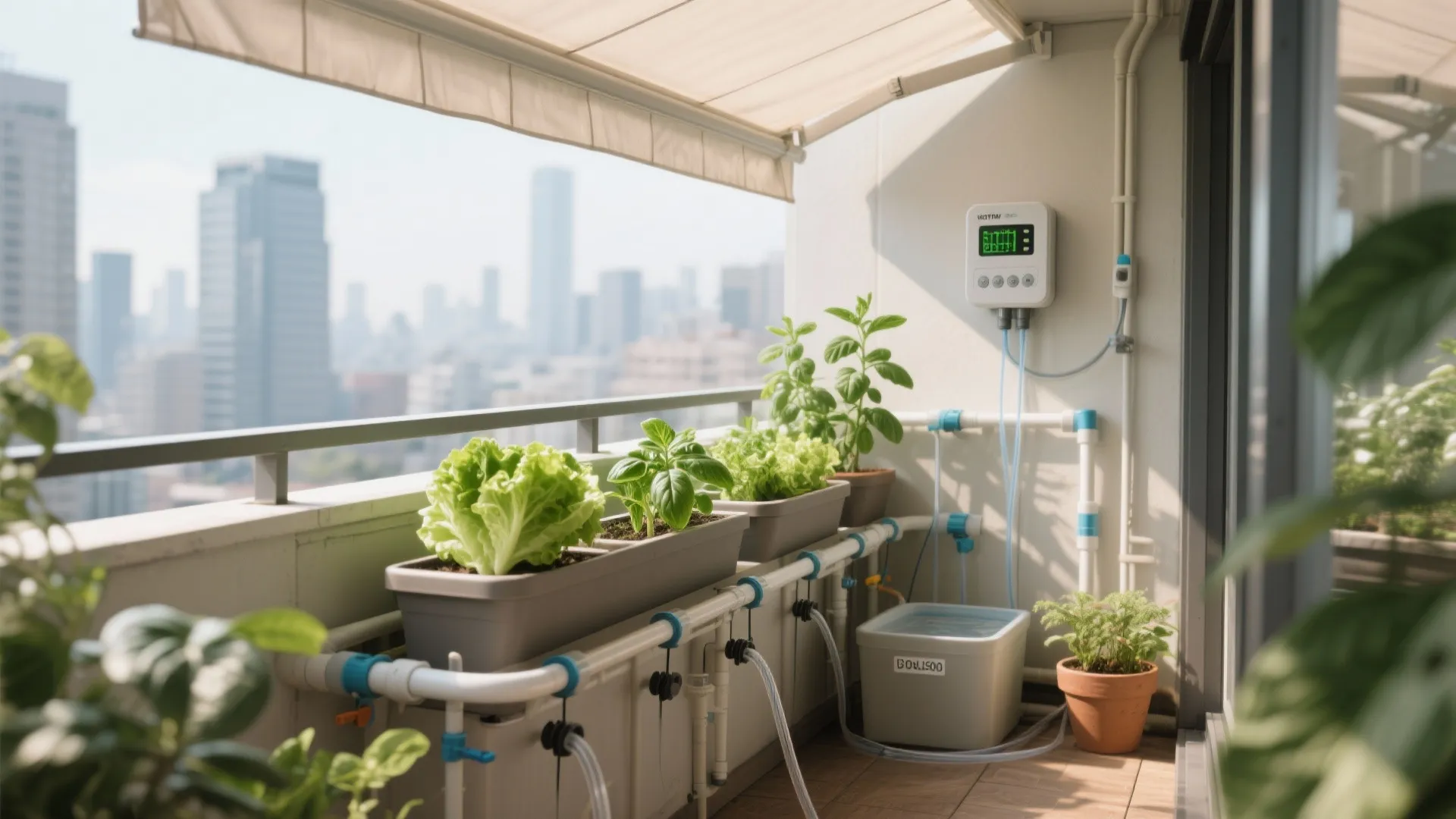 Balcony with drip irrigation, battery timer, reservoir, and clipped shade cloth protecting vegetables.