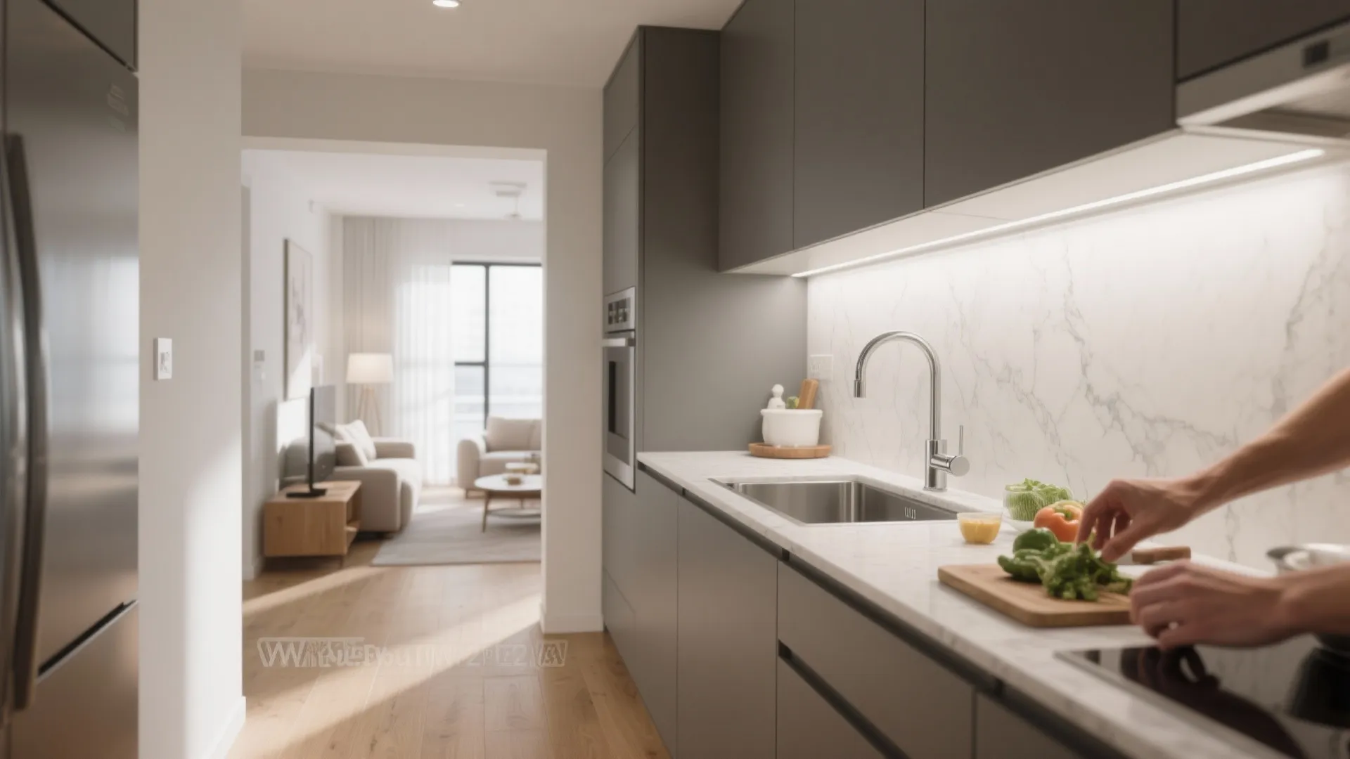 Modern grey kitchen with marble countertop sink and person preparing vegetables near the living room