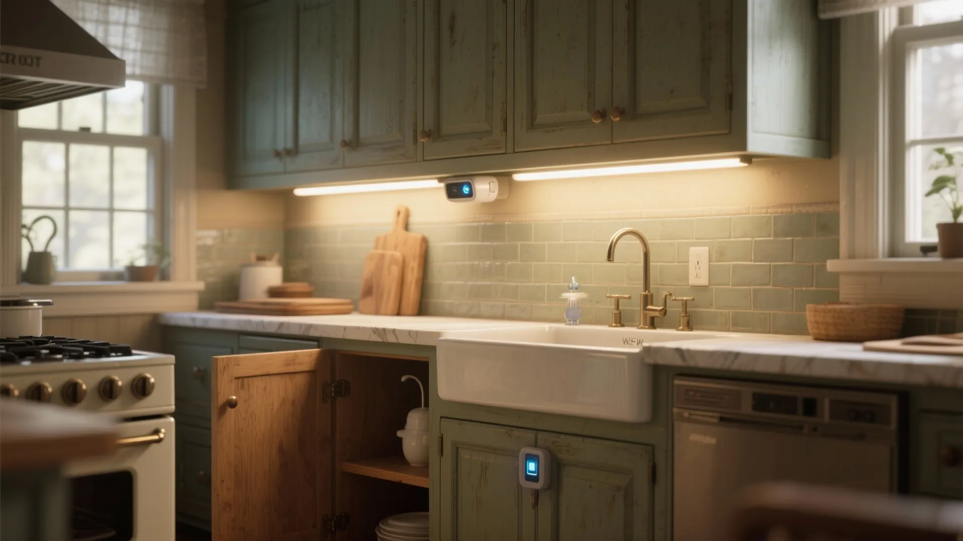 Vintage kitchen with under-cabinet smart lights, motion sensor, and a hidden water sensor under the sink.