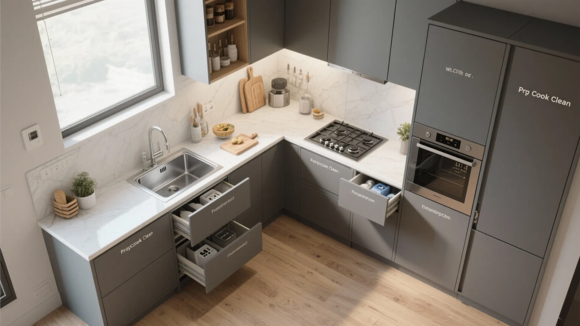 Modern grey L-shaped kitchen with marble countertop wood flooring gas stove and open storage drawers