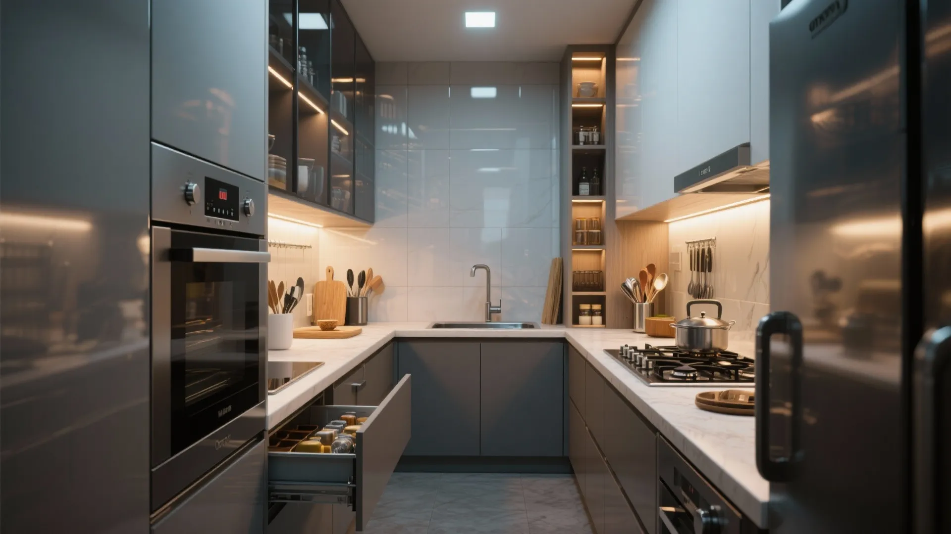 Compact kitchen with continuous counters, integrated appliances and vertical storage