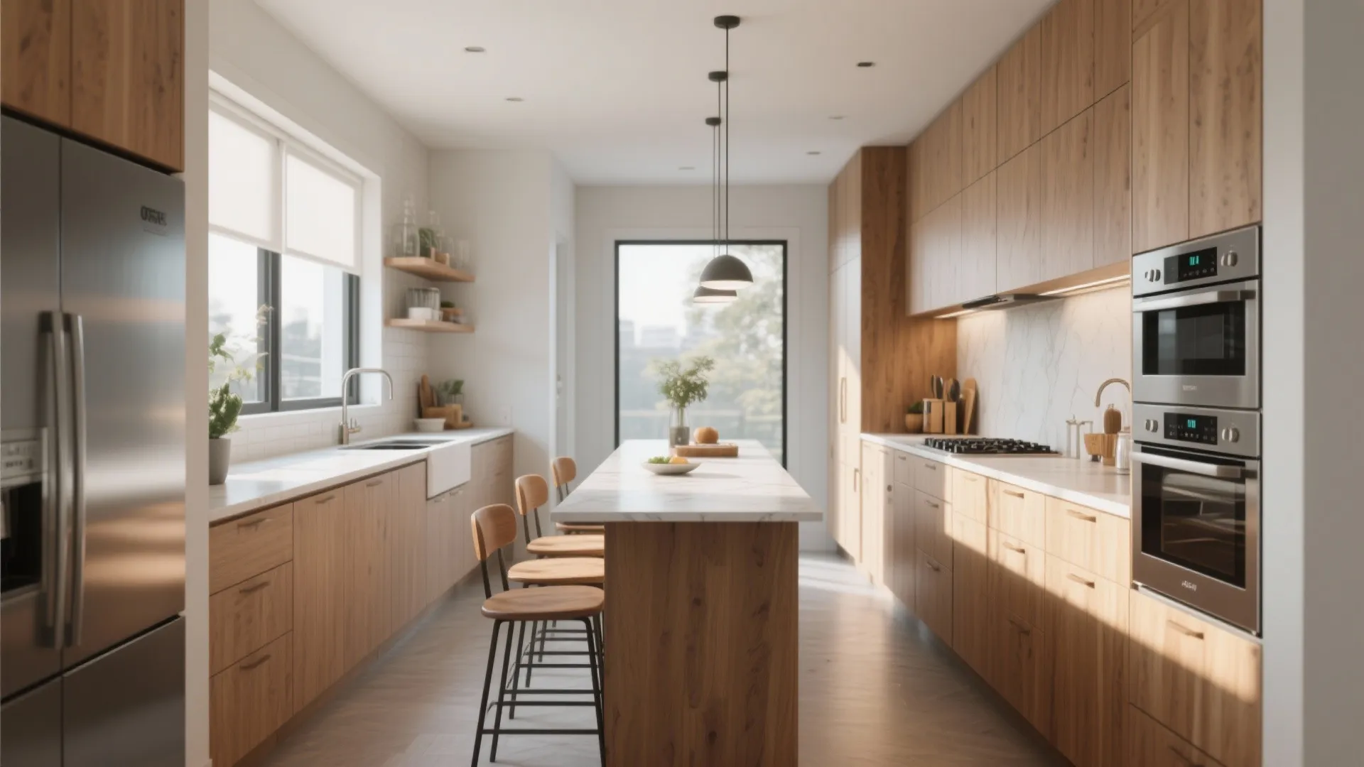 Modern kitchen with wood cabinets, white countertops, large island with stools, and stainless steel appliances