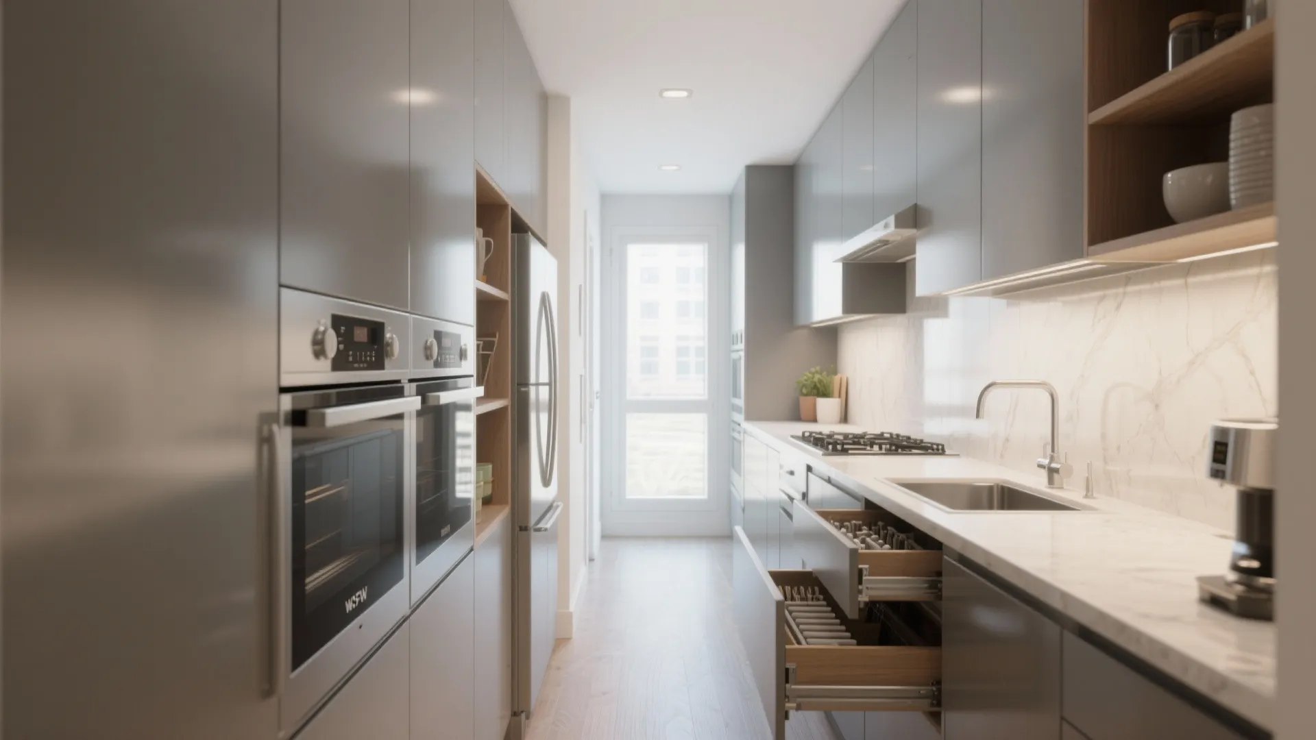 3. Smart kitchen layout for narrow suites