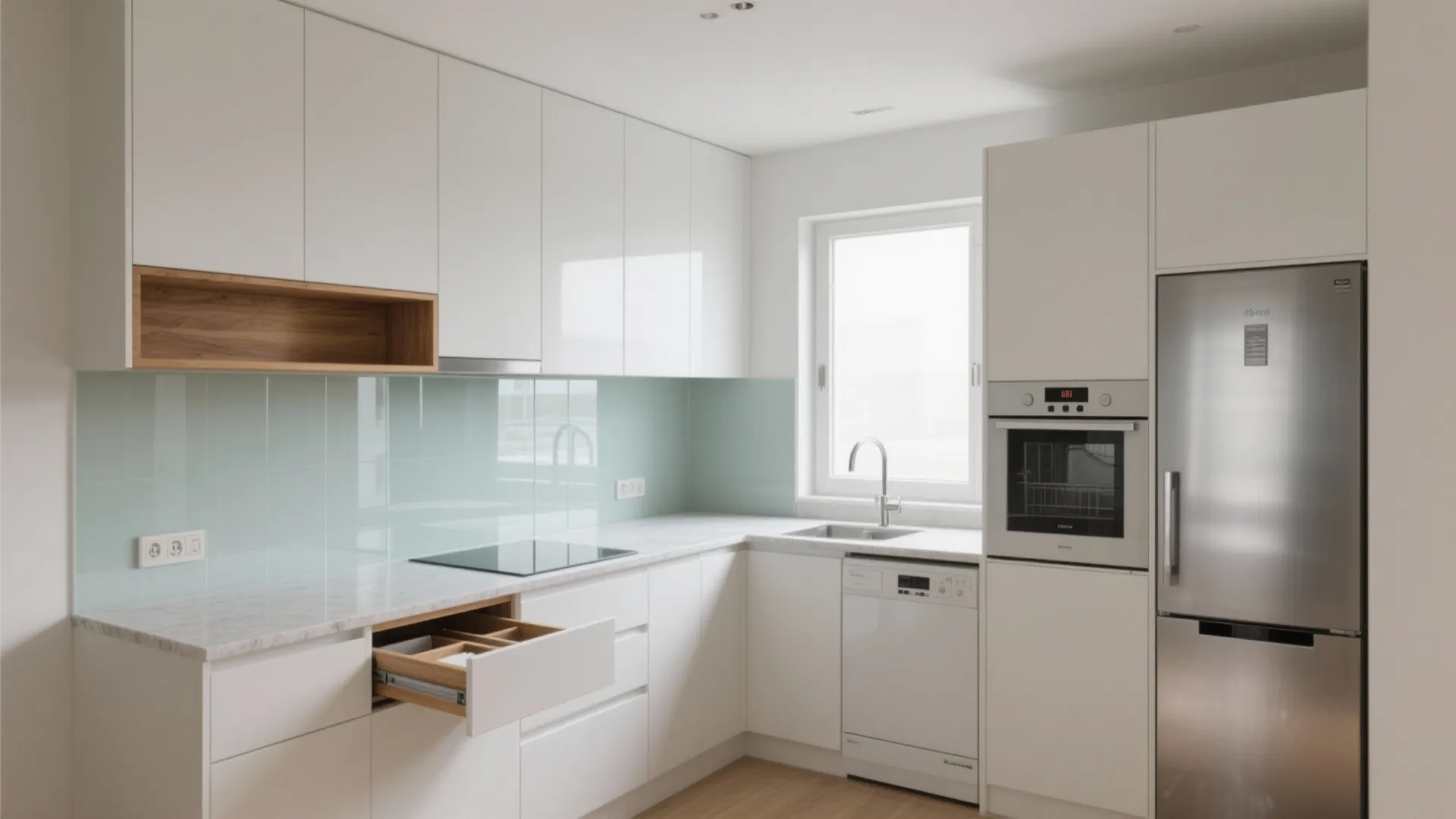 White L-shaped kitchen with open drawer, dishwasher, oven, stainless steel fridge, and blue glass backsplash