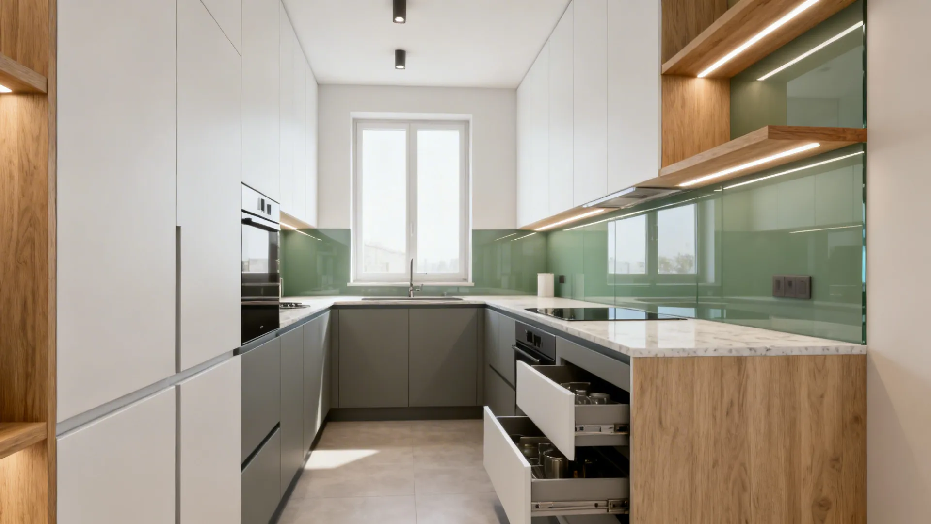 Compact grey and white kitchen with wood shelves green glass wall and bright window in center