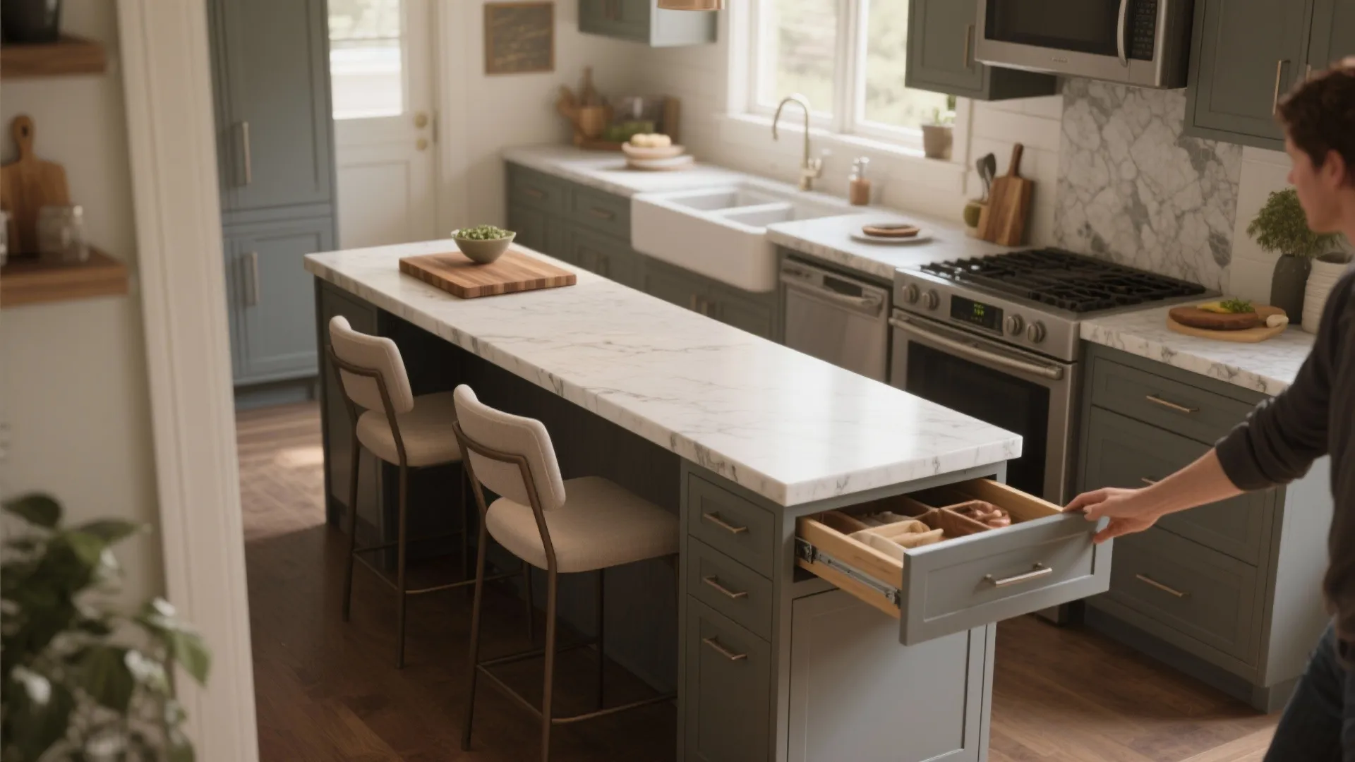 Narrow multifunctional kitchen island with drawer storage, seating and preserved clearance in a small kitchen.
