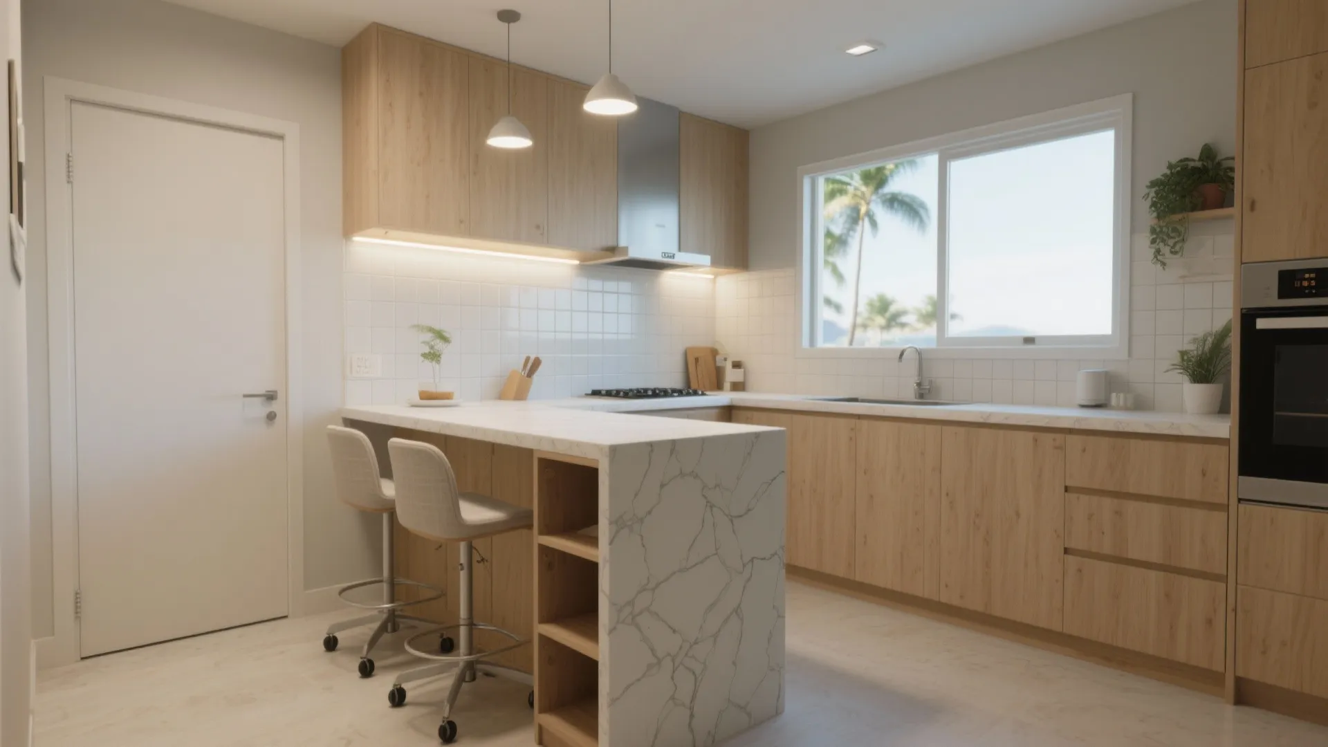 Compact kitchen with a narrow movable island and overhang seating