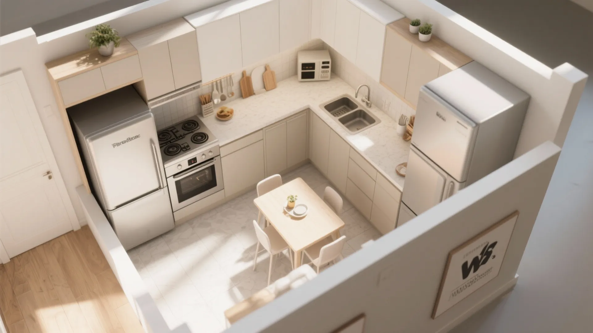 Top-down view of a small kitchen with optimized layout plan