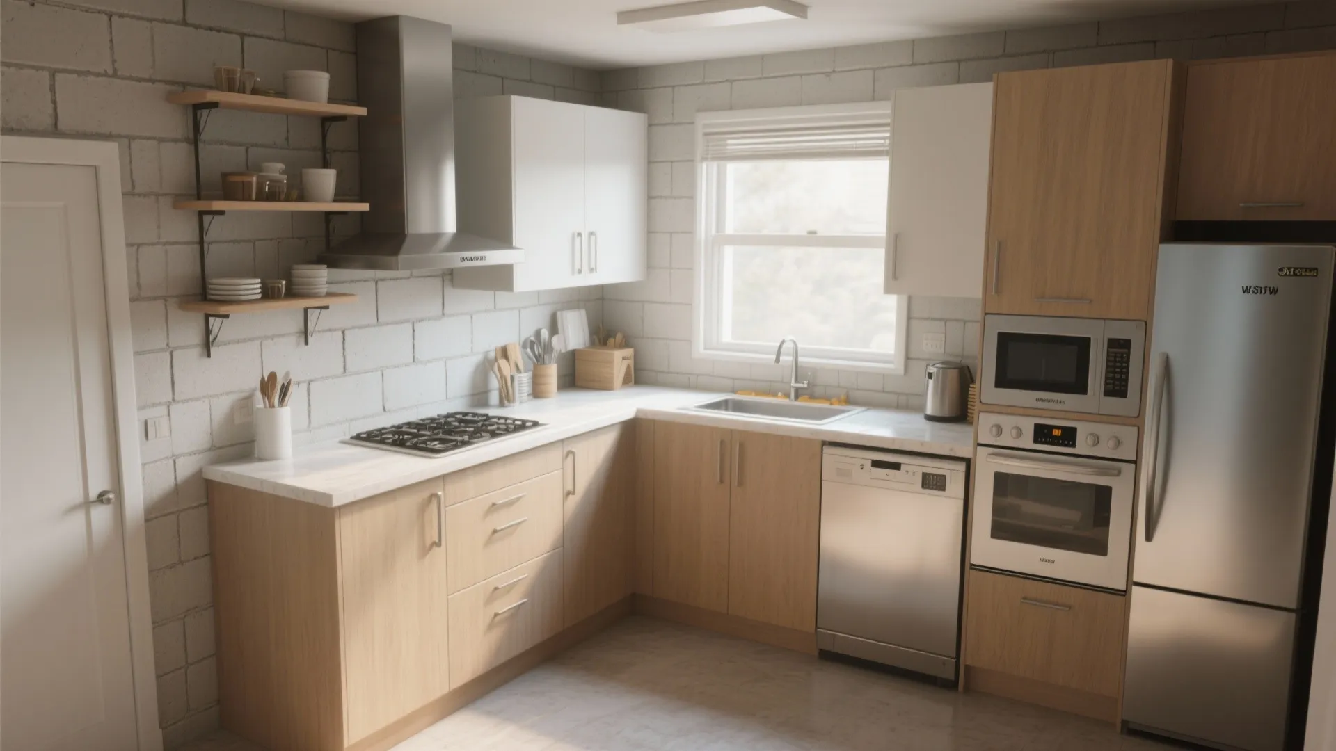 Compact L-shaped kitchen layout in cinder block home with efficient design