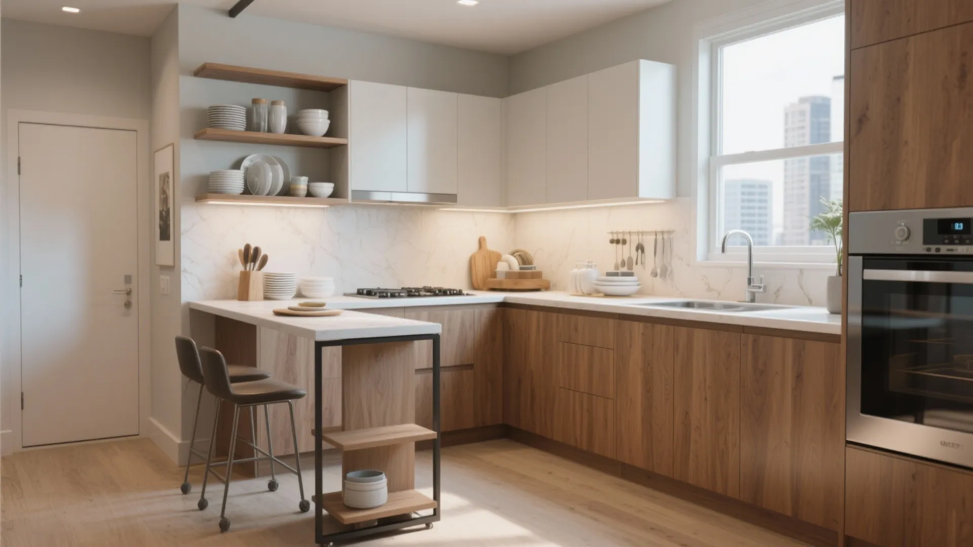 Modern kitchen with wood cabinets, white upper cupboards, island with stools, and view through windows