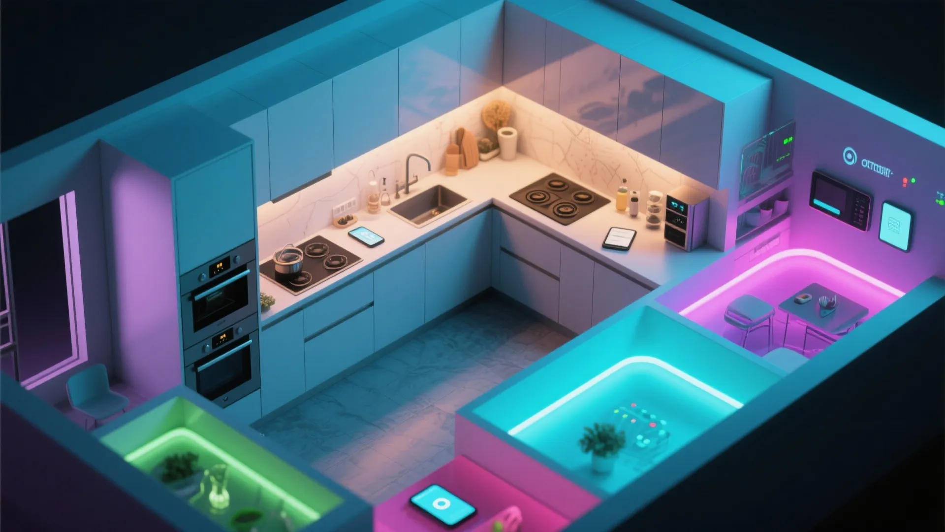 Smart interior design drawing showing a kitchen layout with colorful purple and blue neon light strips