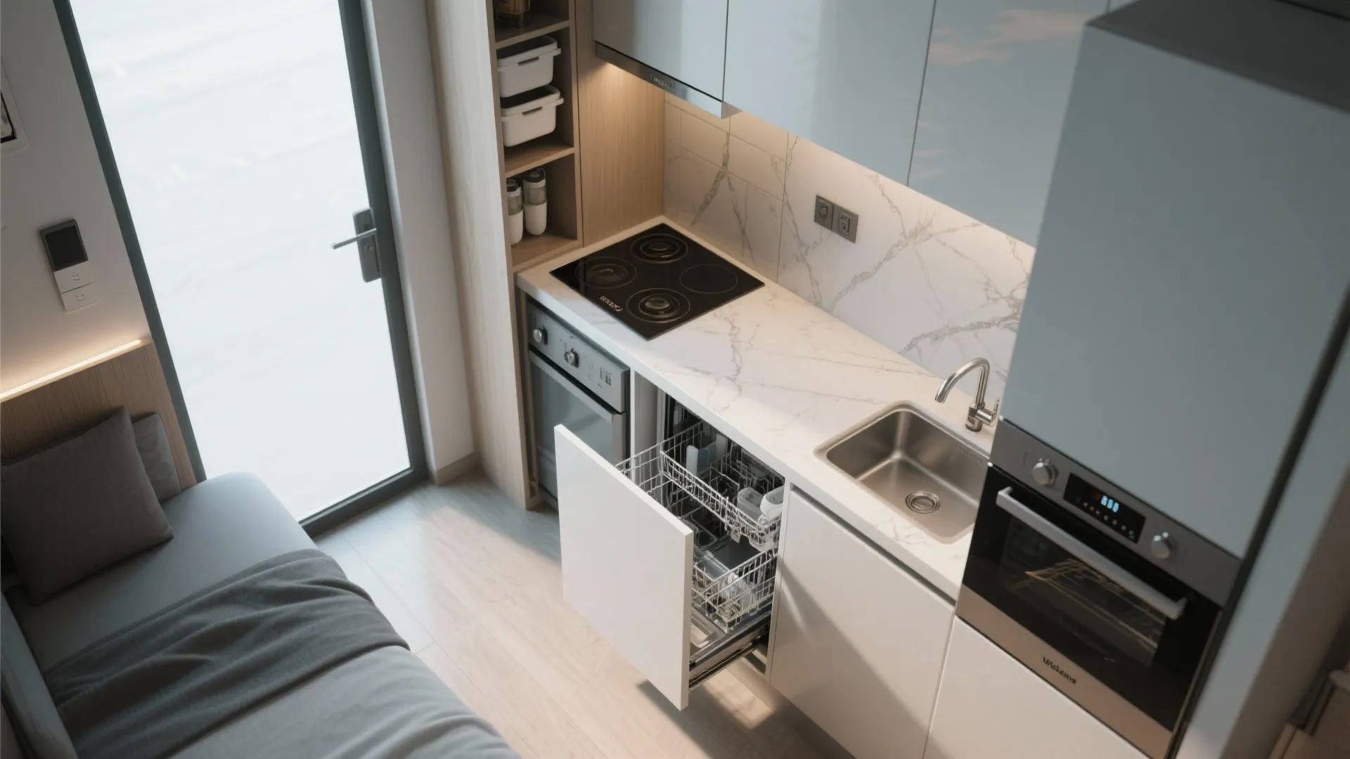 Modern kitchen with white marble countertop featuring a black stovetop sink and an open dishwasher