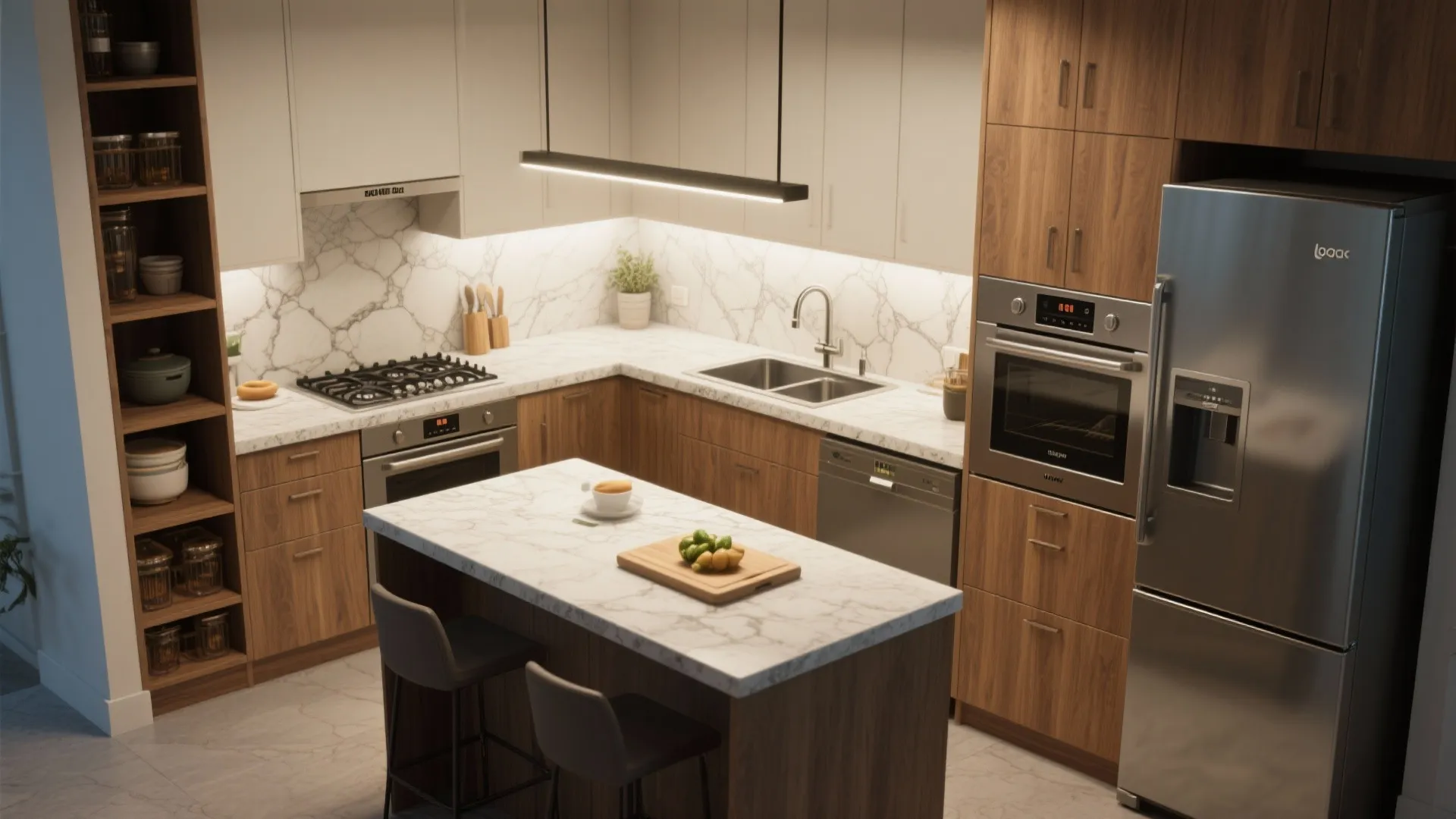 Compact kitchen showing an efficient work triangle with island and stacked pantry