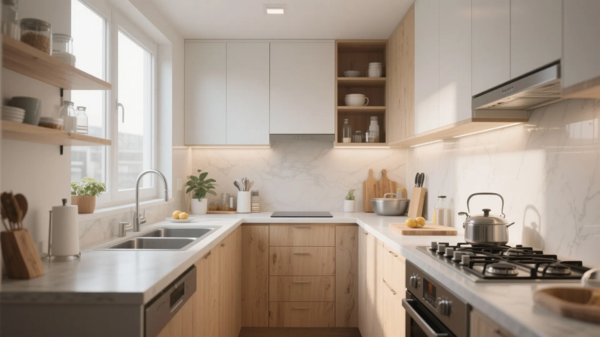 Modern u-shaped kitchen with wooden cabinets white counters sink stove and natural light from window