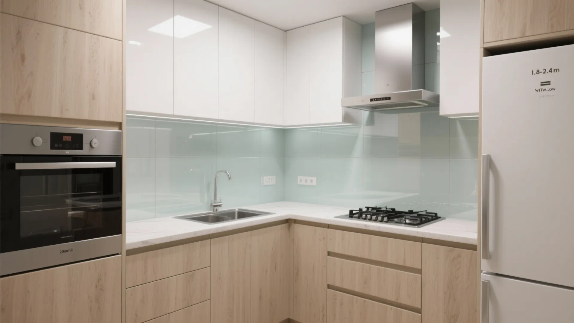 Modern kitchen with wood cabinets white upper cabinets light green wall tiles and silver oven