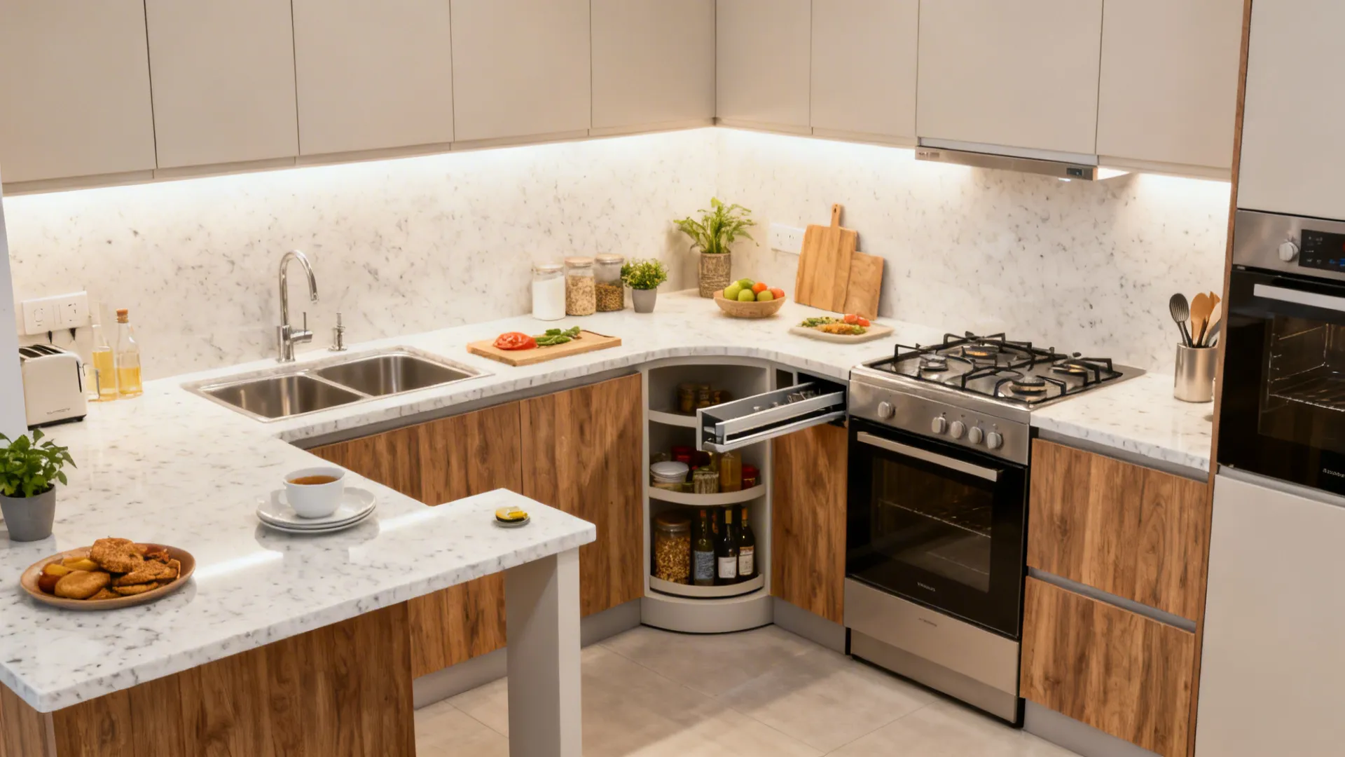 Modern kitchen corner with wooden cabinets showing a pull-out storage rack under a white countertop