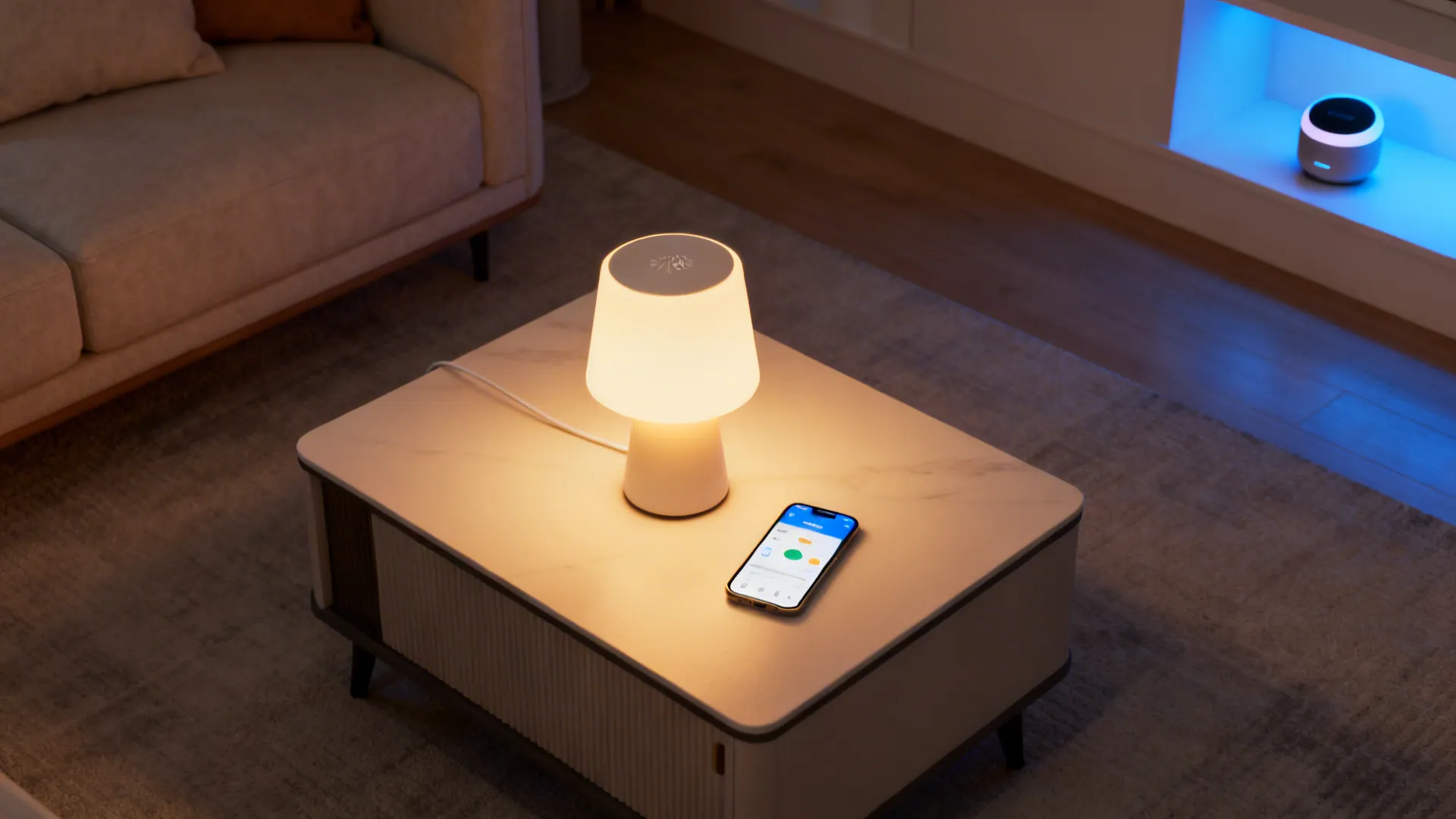 Smart table lamp showing warm light with phone app nearby controlling color and temperature