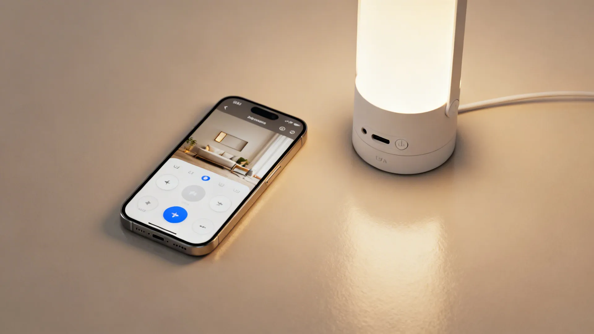 Smart rechargeable lamp pictured with a smartphone app controlling light scenes on a clean surface