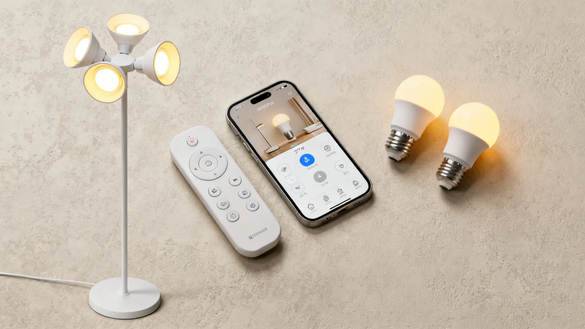 Flatlay of a multi-head smart lamp remote, smartphone with scene controls, and warm LED bulb samples.