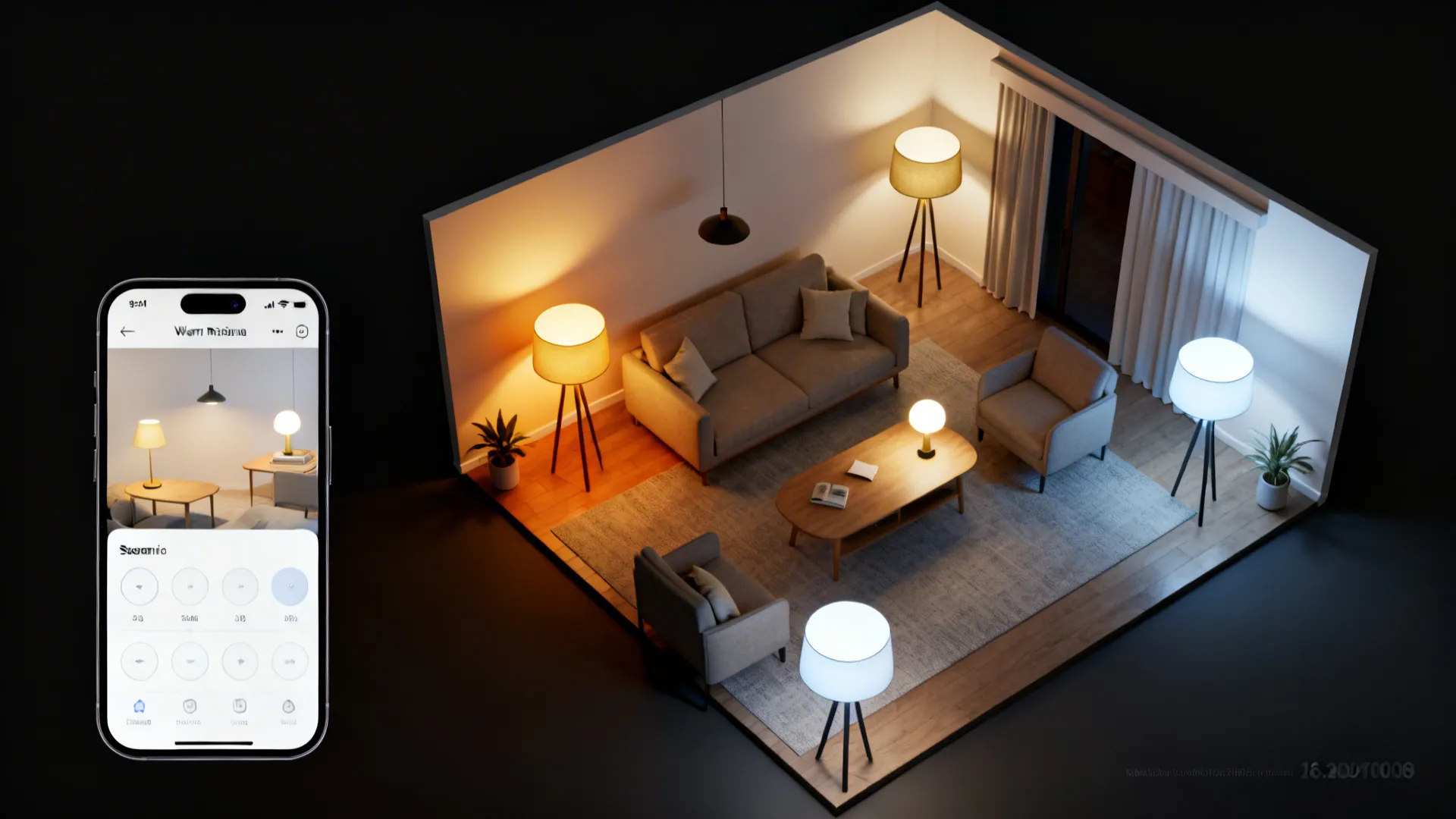 Top-down visualization of lamp zones and smart bulb scenes controlling different living room areas.
