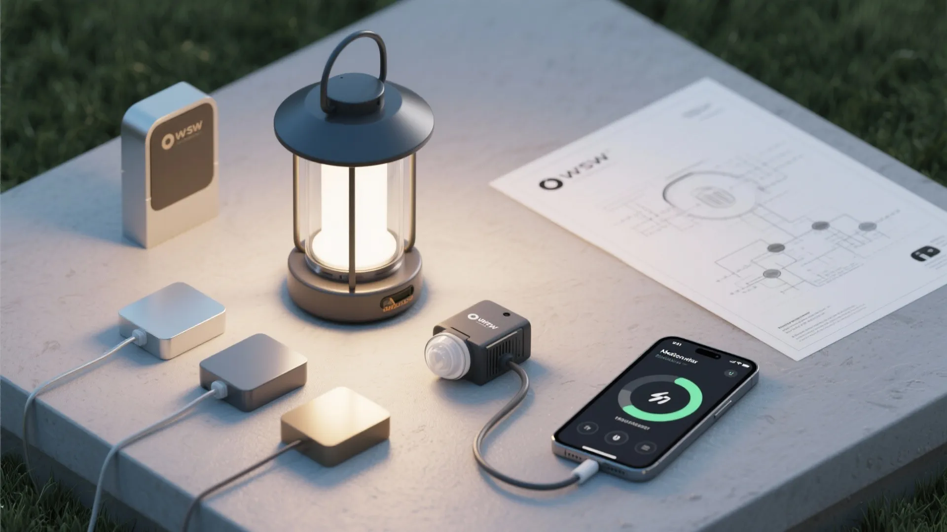 Small portable lamp with a smartphone and interior design drawing layout on a grey surface