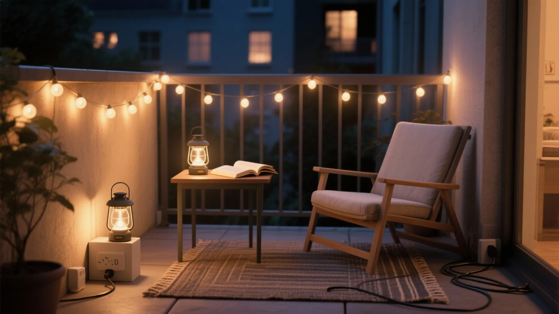 Portable rechargeable lanterns and smart-controlled string lights create flexible, warm balcony scenes.