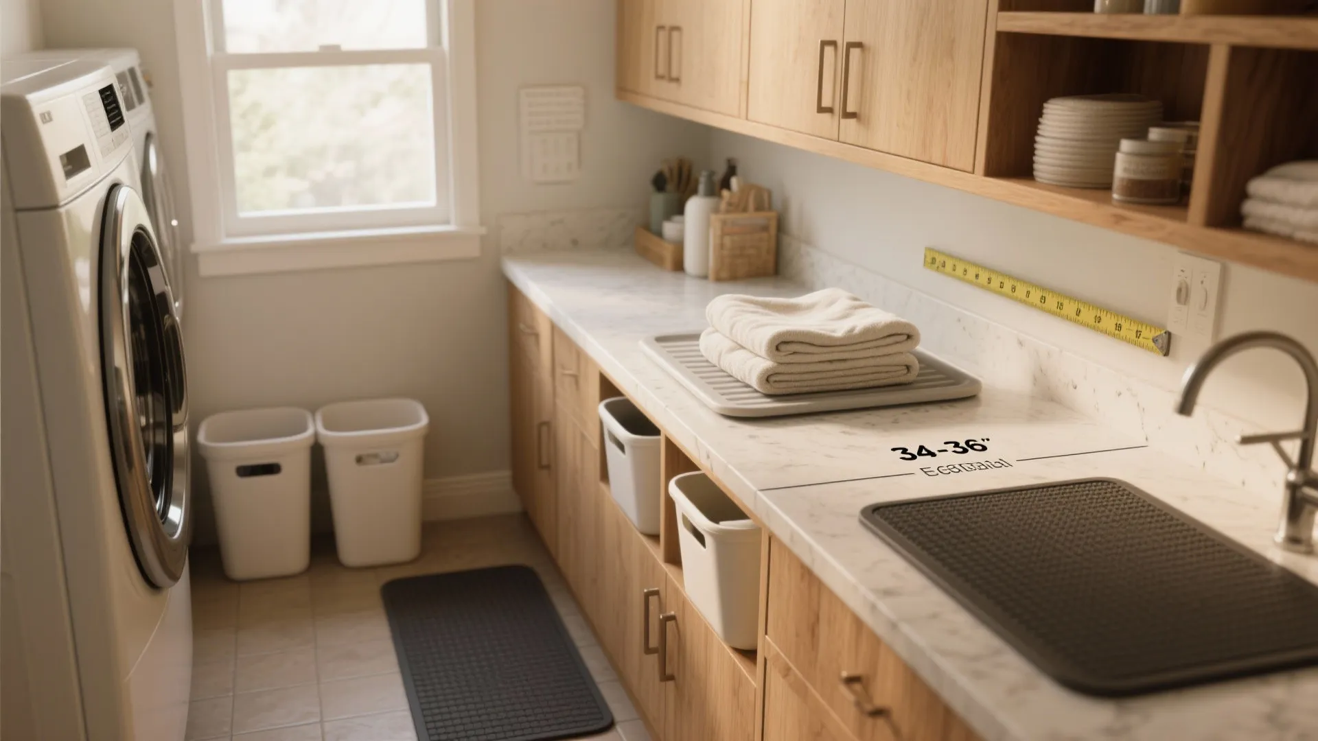 Laundry room layout showing wooden cabinets marble countertop sink washing machine and a drying rack