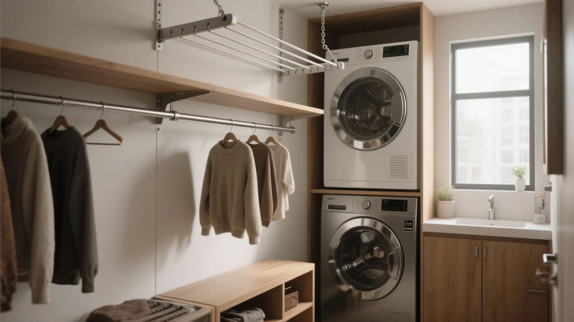 Modern laundry room with stacked washing machines wooden shelves hanging clothes and a white sink