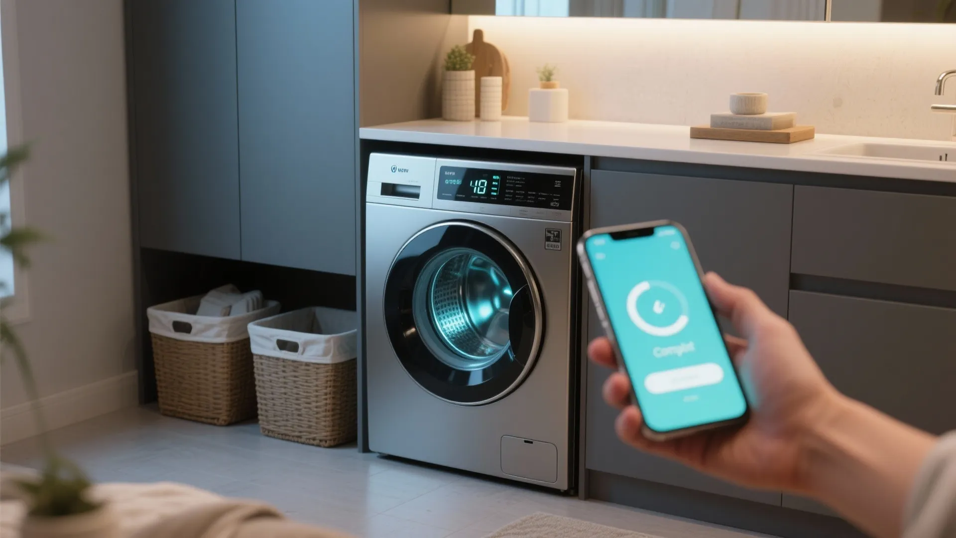 Smart silver washing machine under a white counter controlled by a mobile phone app screen