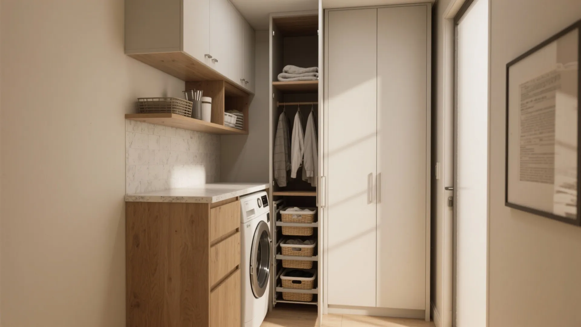 Modern laundry room with washing machine built into wood cabinets and white tall storage closet