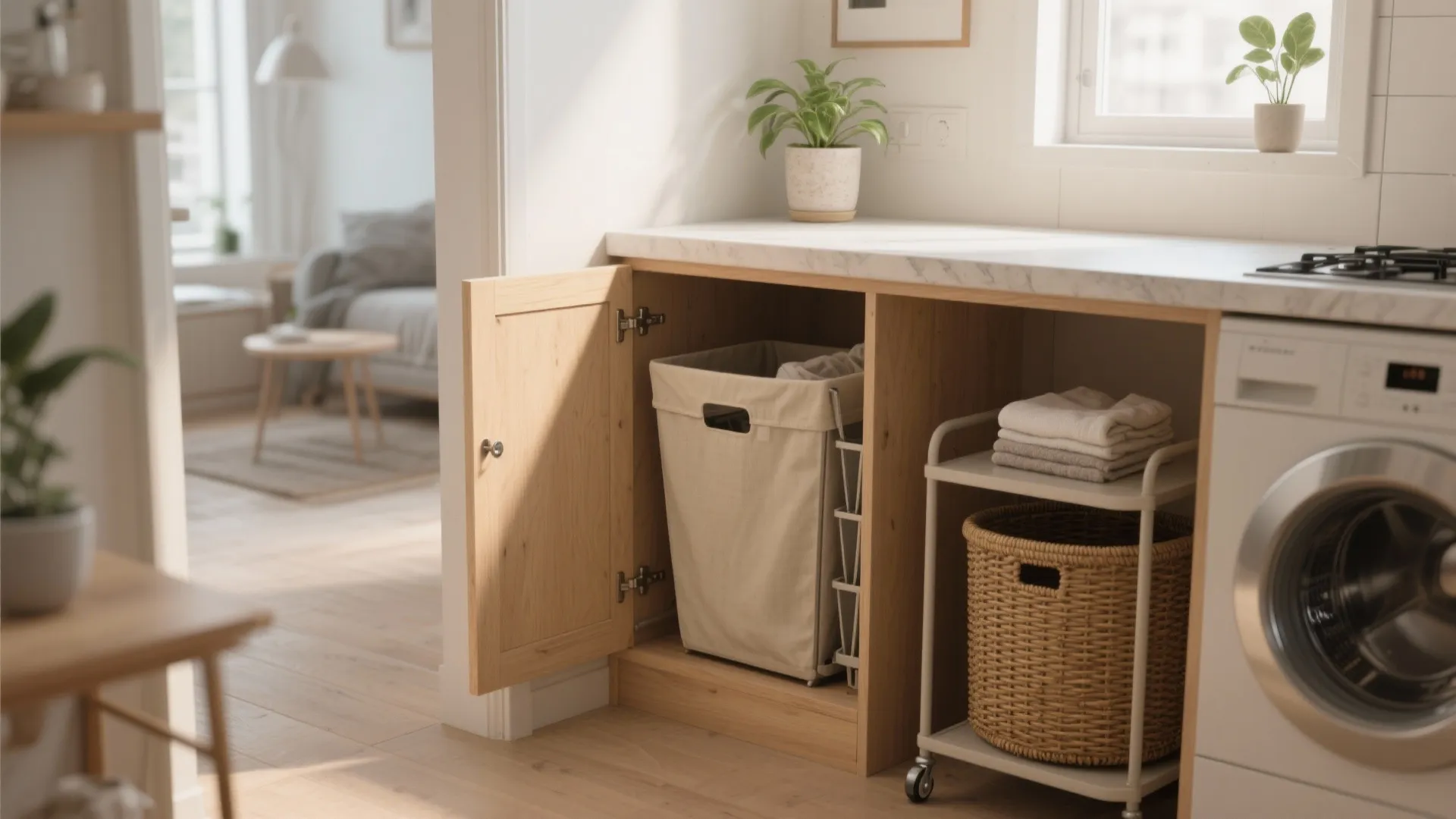 Laundry room layout featuring a hidden pull out cabinet bag and a small rolling cart setup