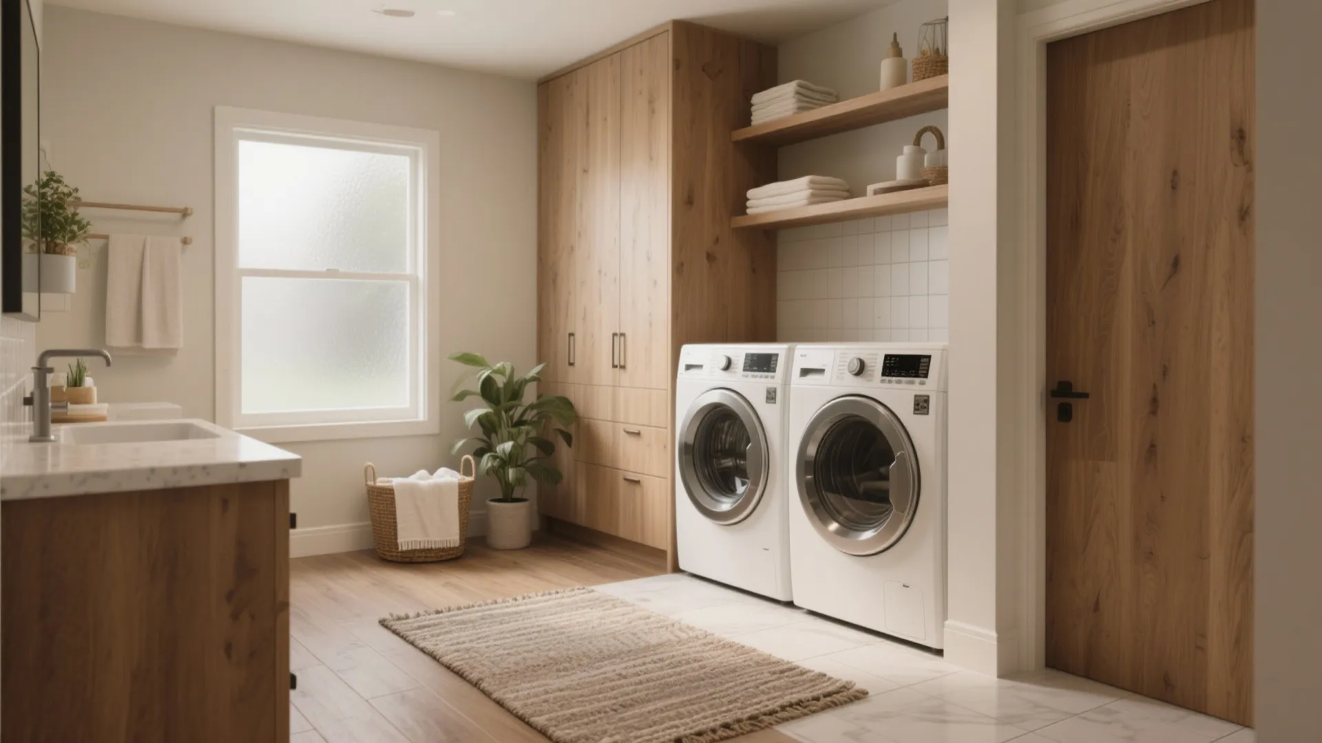 Modern laundry room with white washing machines wooden cabinets large window green plant and beige rug