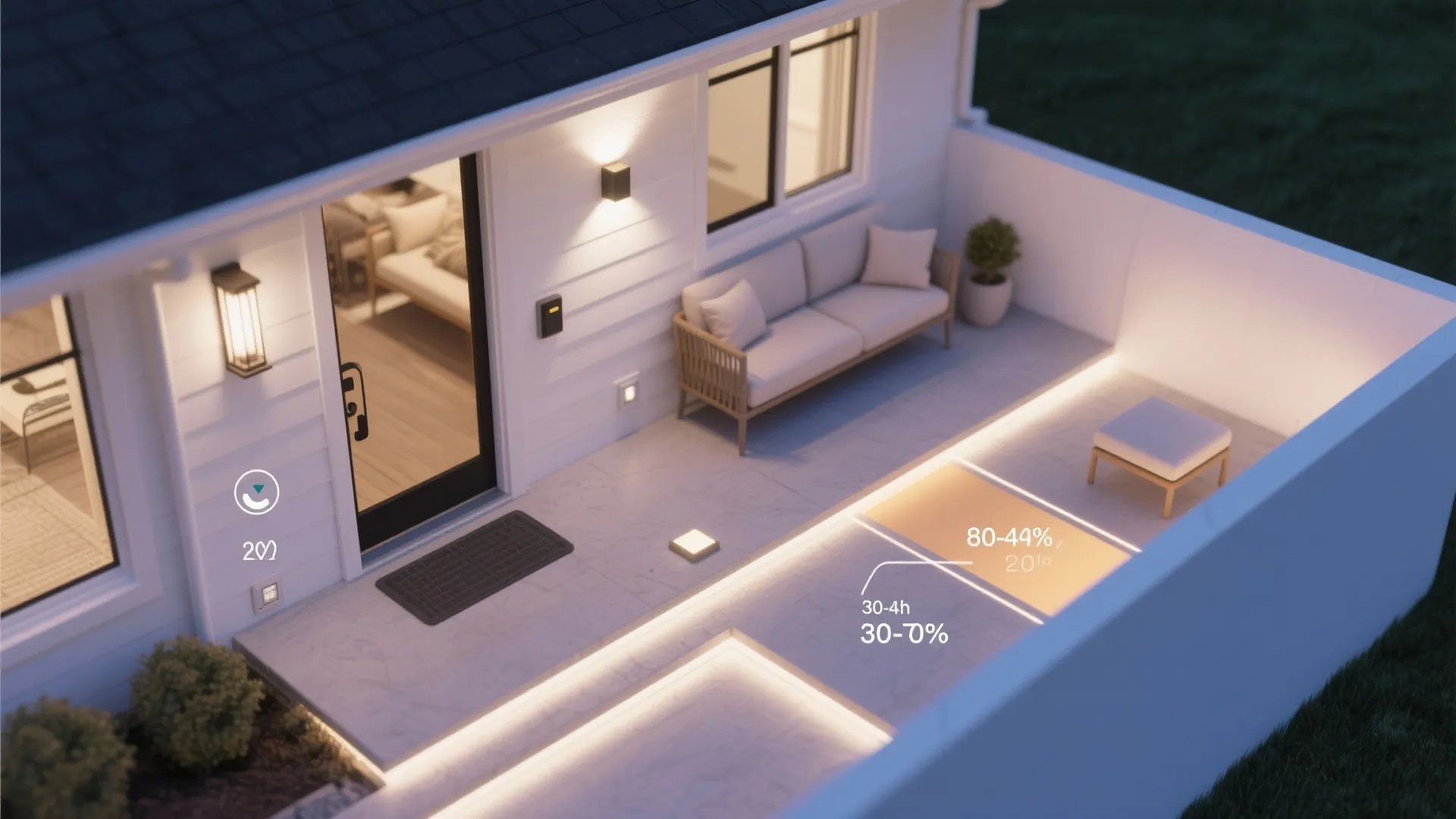 Top-down porch plan depicting layered lighting with entry, lounge, and step lights at different dimmed levels.