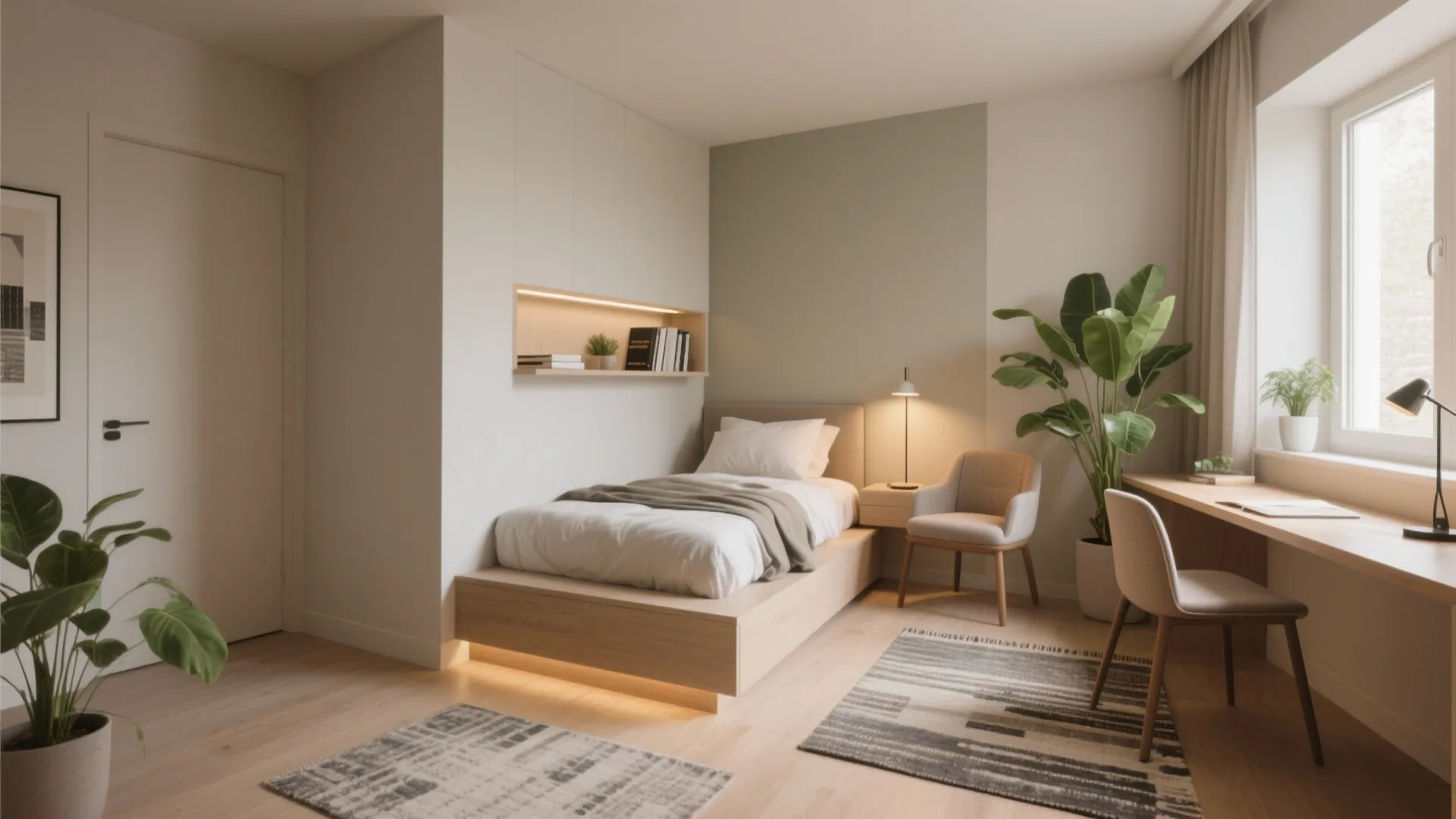 Small bedroom interior design drawing with single bed wooden desk green plants and striped rug
