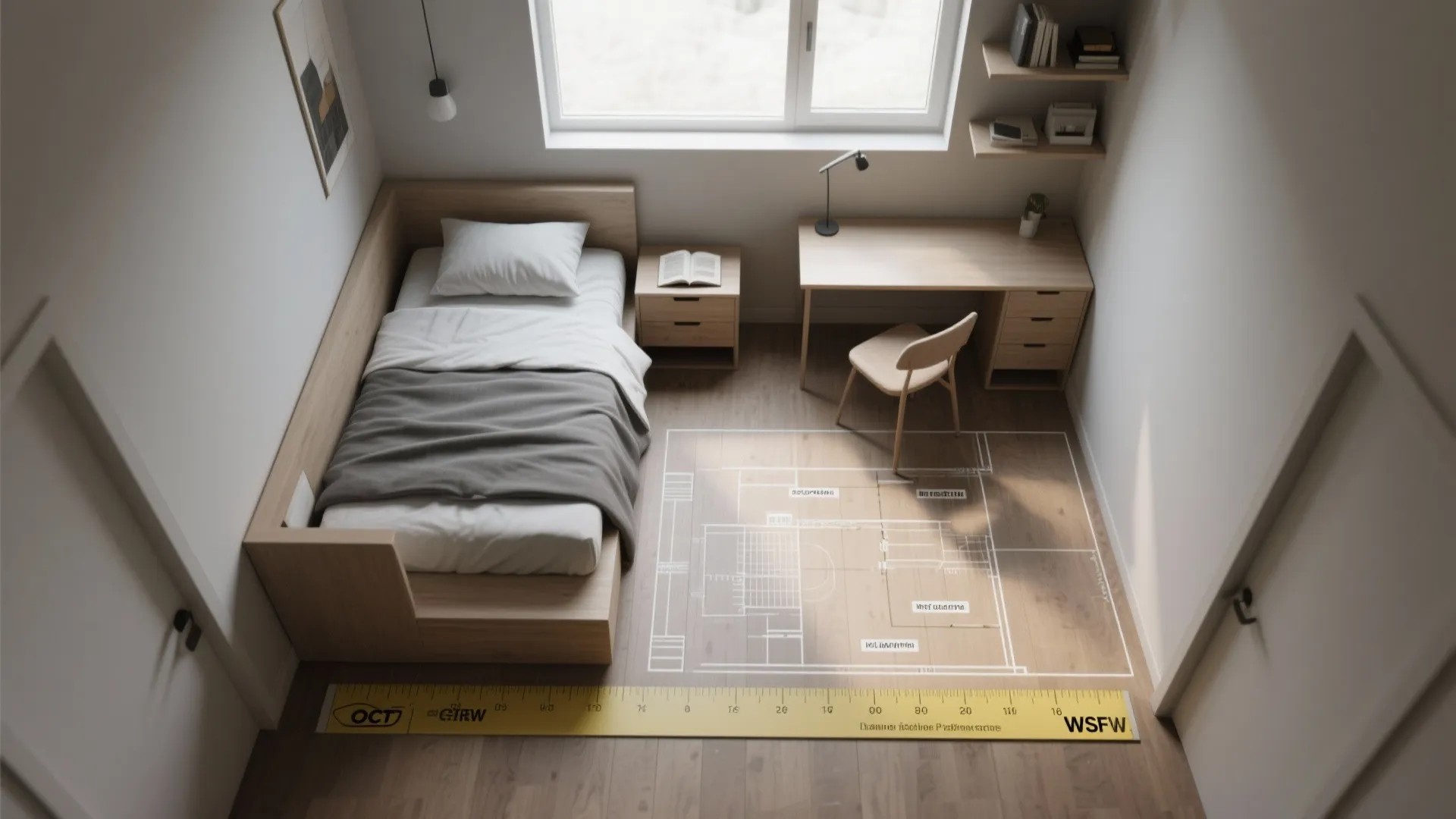 Top-down layout mockup showing a compact full bed, small desk, and measure-accurate floor plan for a tiny bedroom.